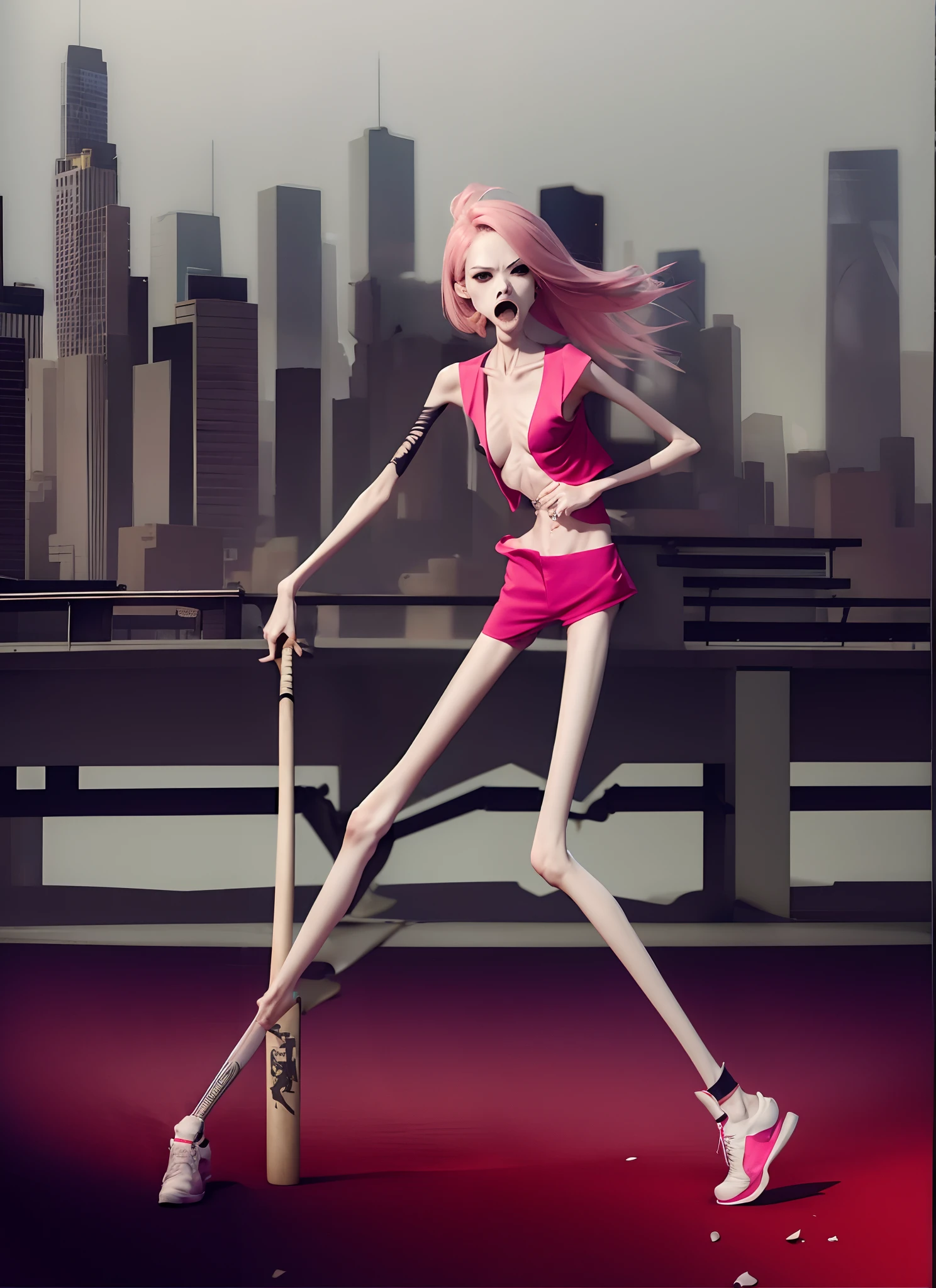 Woman holding a baseball bat, Thin leg,big breasts thin waist,, 鎖骨,sternum,the ribs,pelvic bone,Sunken abdomen,hunger,angry look