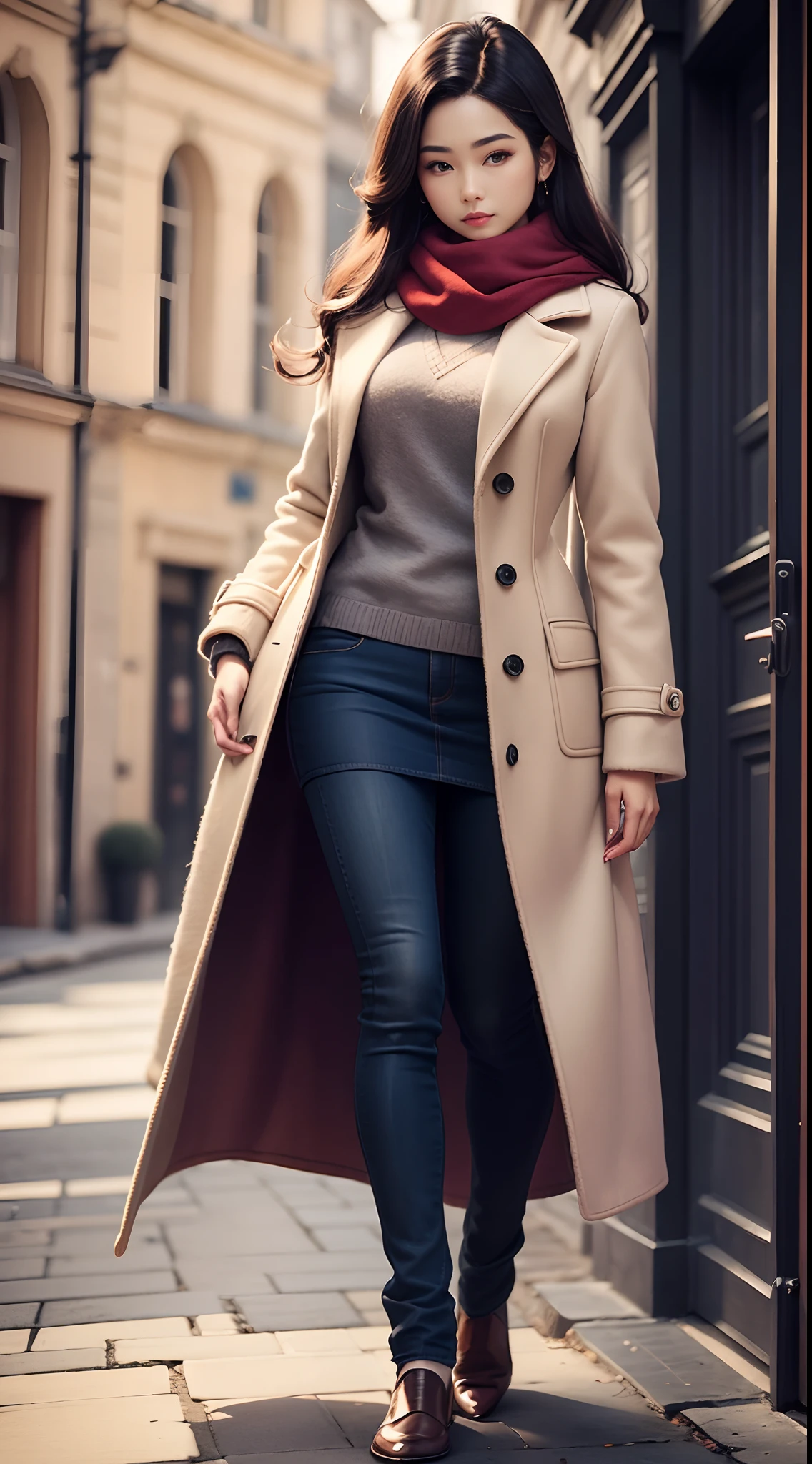 The world of wool felt,wool knitted fabric,Beautiful model posed in wool felt scarf,coat large,Slim and tall