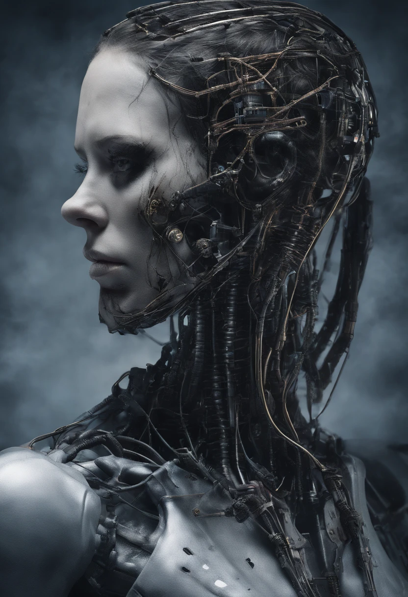 Beautiful cyborg warrior woman in rusty magic style, aumento cyberpunk, Cyber Software, ciborgue, fibras de carbono, cromar, Implantes, metal skull, Cyber Plate Armadura, (atmosfera escura:1.2), (nevoeiro & smoke billowing), (It's dark night:1.3), As cicatrizes, (medium length shaggy dark hair:1.1), (sombras para os olhos:1.1), (brilho lindamente detalhado:1.2), (Cinematic lighting), detalhes intrincados, A high resolution, olhos arredondados, detailed facial features, foco nítido, liso, aesthetic, Fundo escuro detalhado da planta industrial, pose estilosa, dynamicposes, (dramapaint)