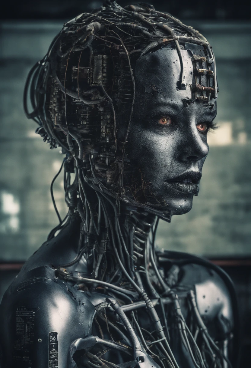 A beautiful female android head with realistic skin and hair, Part of the head is removed showing the electronics of the brain, its on a table with cables connecting to electrical devices, There are monitors on the walls, ((an extremely delicate and beautiful)),cinematic light,((1mechanical girl)),solo,full body,(machine made joints:1.2),(