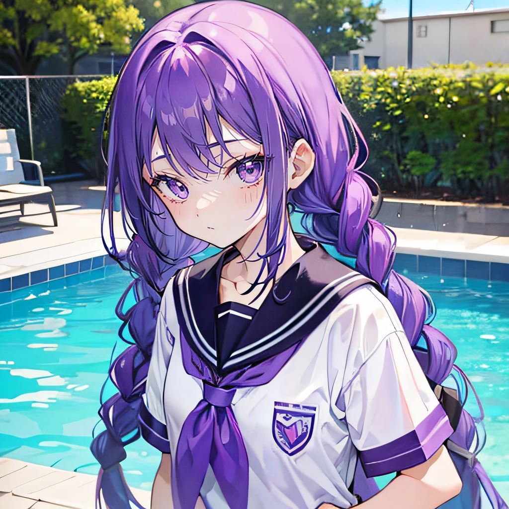 Purple colored hair,long whitr hair,Purple eyes,Twist braids,adolable,teens girl,swimming uniform,frontage,frontal photos,ID photo