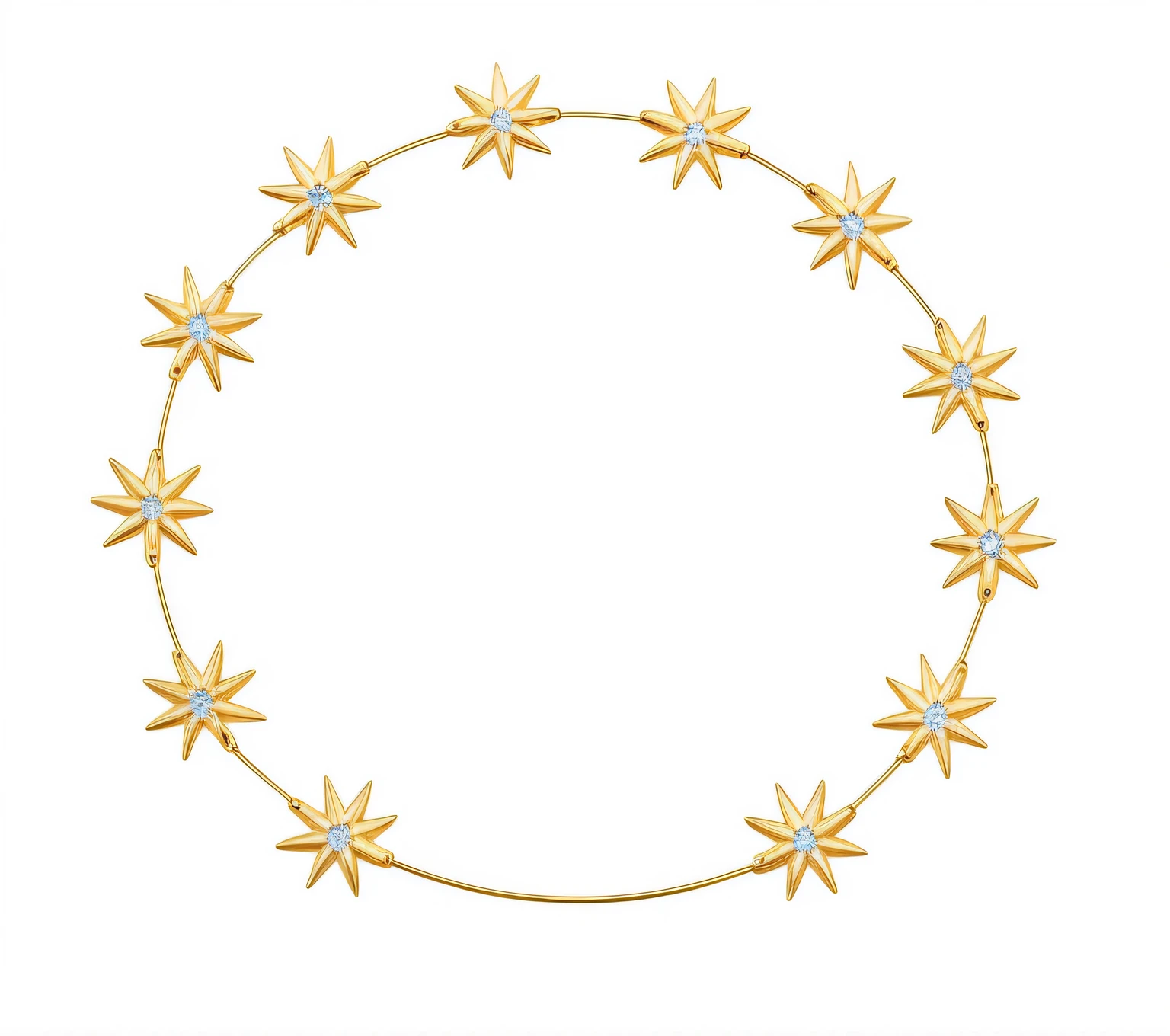 um close up de um colar de estrela dourada com diamantes em um fundo branco, Golden Circle Halo, halo ornamental, halo de ornamento intrincado, golden circlet, coroa ornamental, circlet, full-length view, Zellk, Chaumet, Estilo Chaumet, gilded gold halo behind head, an epic fantasy, Fio de ouro 14k