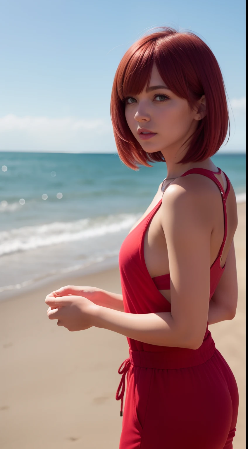 max caulfield , pink hair . red lips ,short hair , , , depth of field,
, jumpsuit , jens pants ,
looking at viewer, at the beach