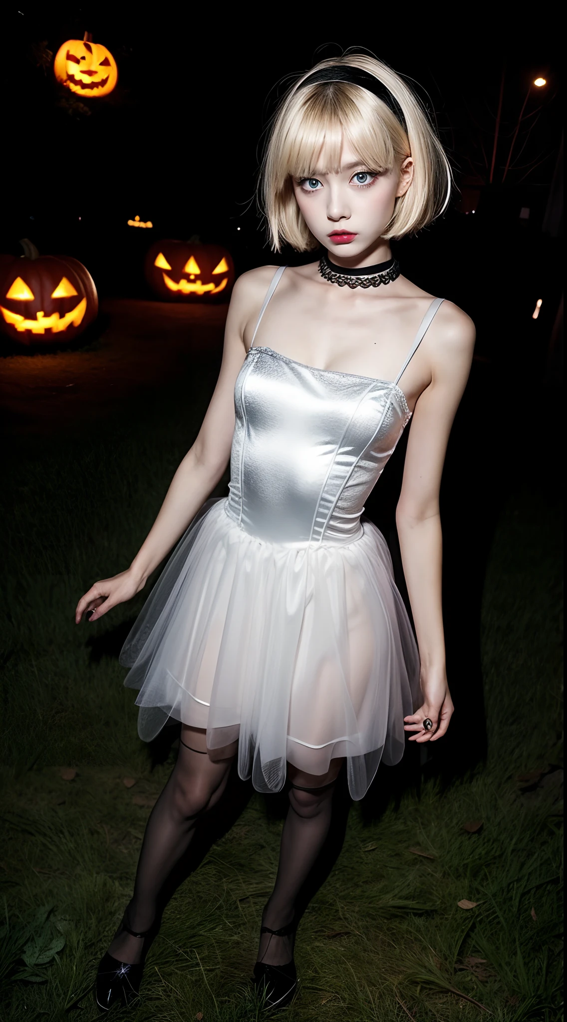 Girl in Halloween costume, blonde short hair, halloween dress, 90s, Striking a pose, natural make up, skinny girl, innocent, night in a grave