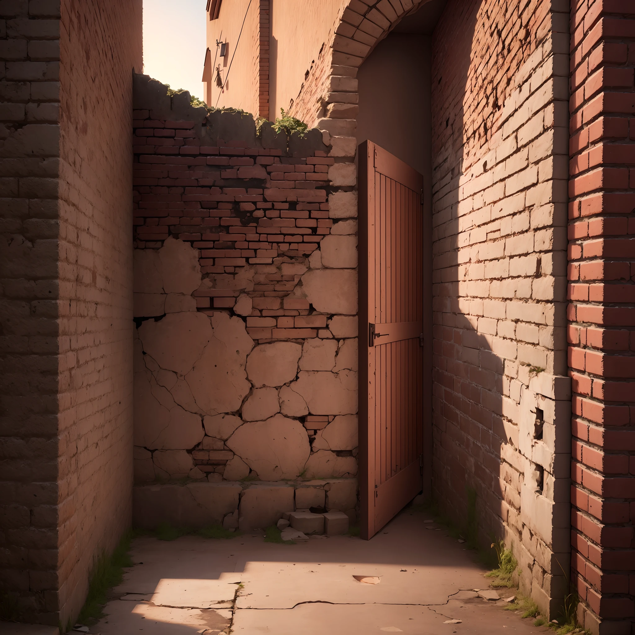 No exit, bricked up wall, old open door, brick wall, realistic photo, 8k, 16:9, in dark tones, before sunset.