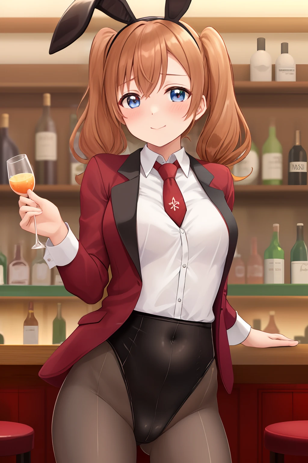Masterpiece,best quality,Kousaka honoka, white shirt, leotard, pantyhose,red necktie, black jacket , breasts,long hair , twintails , rabbit ears,in bar, hands on crotch, covering crotch