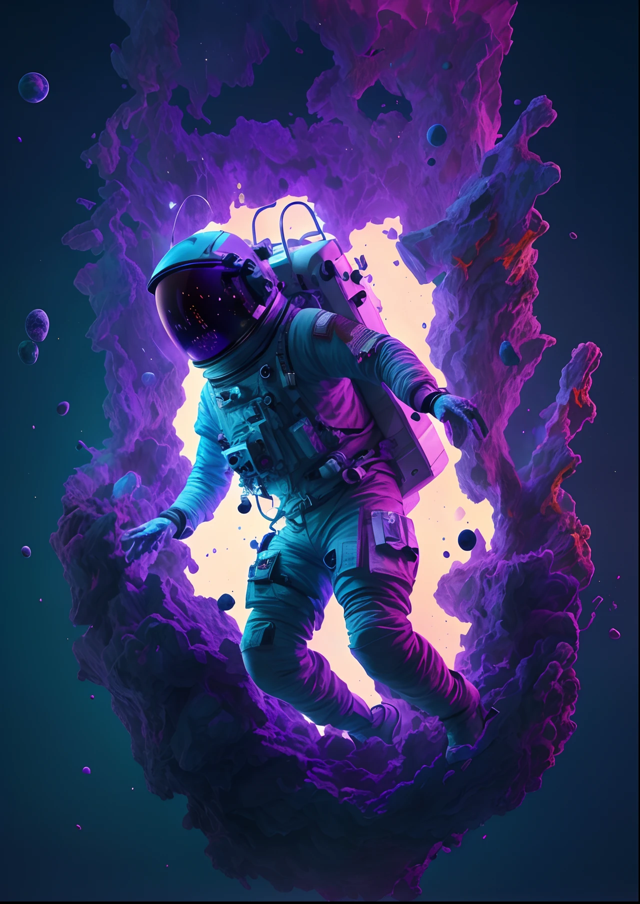 An astronaut floating in a purple and blue space with a purple and blue background, astronaut lost in liminal space, lone astronaut, style hybrid mix of beeple, amazing space creature 4 k, astronautaa abaixo, astronautaa detalhado, arte do bipe, Jen Bartel, beeple daily art, 3 d render bipe, astronauta, 8k arte impressionante