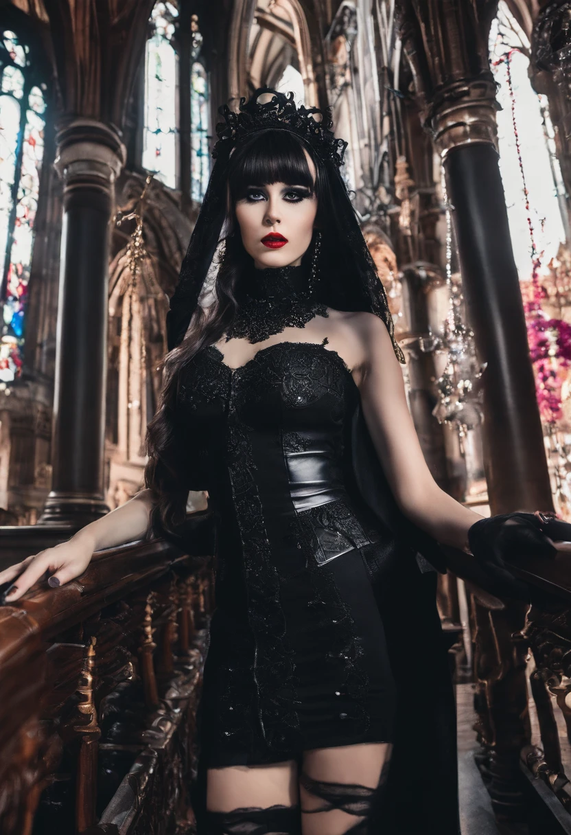 A European woman in a black latex dress poses for a photo, indoor, In a cathedral, Night, Flowers, Smile, Mix Vietnamese, Background blur, Focus, Professional photography, dynamic angle shot, filmgrain, Bokeh, Ray tracing, Dynamic lighting, Tilt the camera, From the front shot, Lens flare,
(((Masterpiece))), ((Best quality)), NSFW, ((intricately details)), ((Realistic)), (50mm Sigma f/1.4 ZEISS lens, F1.4, 1/800s, ISO 100, photography of:1.1), Perspective, Highly detailed, illustration, 2 girls, Big breasts, Beautiful detailed eyes, Long hair, Bang, Brown hair, Brown eyes, Black choker, Earrings, Detailed background, Perfect eyes, Seductive eyes, looking at viewert, from the front side, Gothic makeup, (No tattoos), goth girl aesthetic, goth aesthetic, goth makeup, goth vibe, gothic horror vibes, Dark Gothic Queen, gothgirl, Gothic makeup, dark hair and makeup, Gothic aesthetics, very beautiful goth top model, Gothic eyeliner, goth aesthetic, goth woman, dark make-up,
