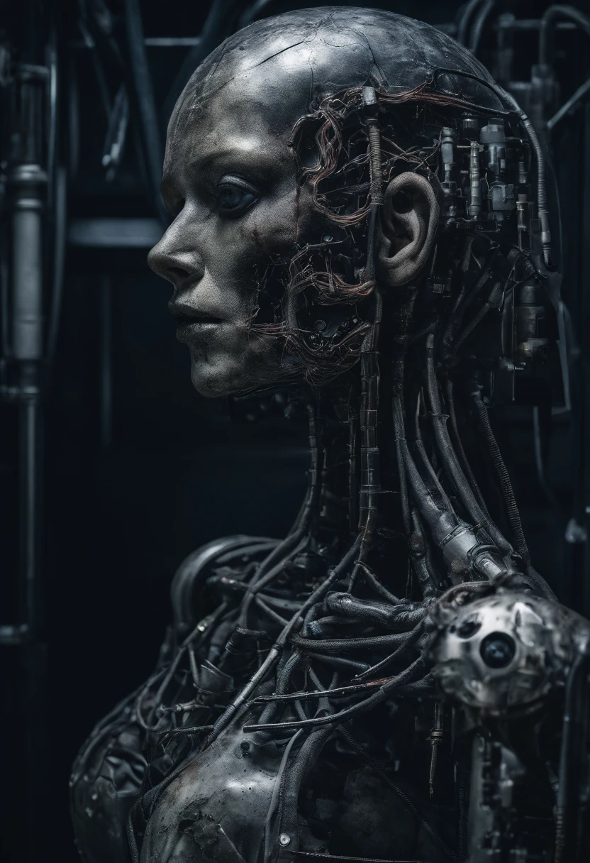 A beautiful female android head with realistic skin and hair, Part of the head is removed showing the electronics of the brain, its on a table with cables connecting to electrical devices, There are monitors on the walls, ((an extremely delicate and beautiful)),cinematic light,((1mechanical girl)),solo,full body,(machine made joints:1.2),(