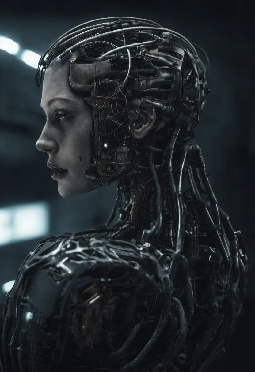 A beautiful female android head with realistic skin and hair, Part of the head is removed showing the electronics of the brain, its on a table with cables connecting to electrical devices, There are monitors on the walls, ((an extremely delicate and beautiful)),cinematic light,((1mechanical girl)),solo,full body,(machine made joints:1.2),(