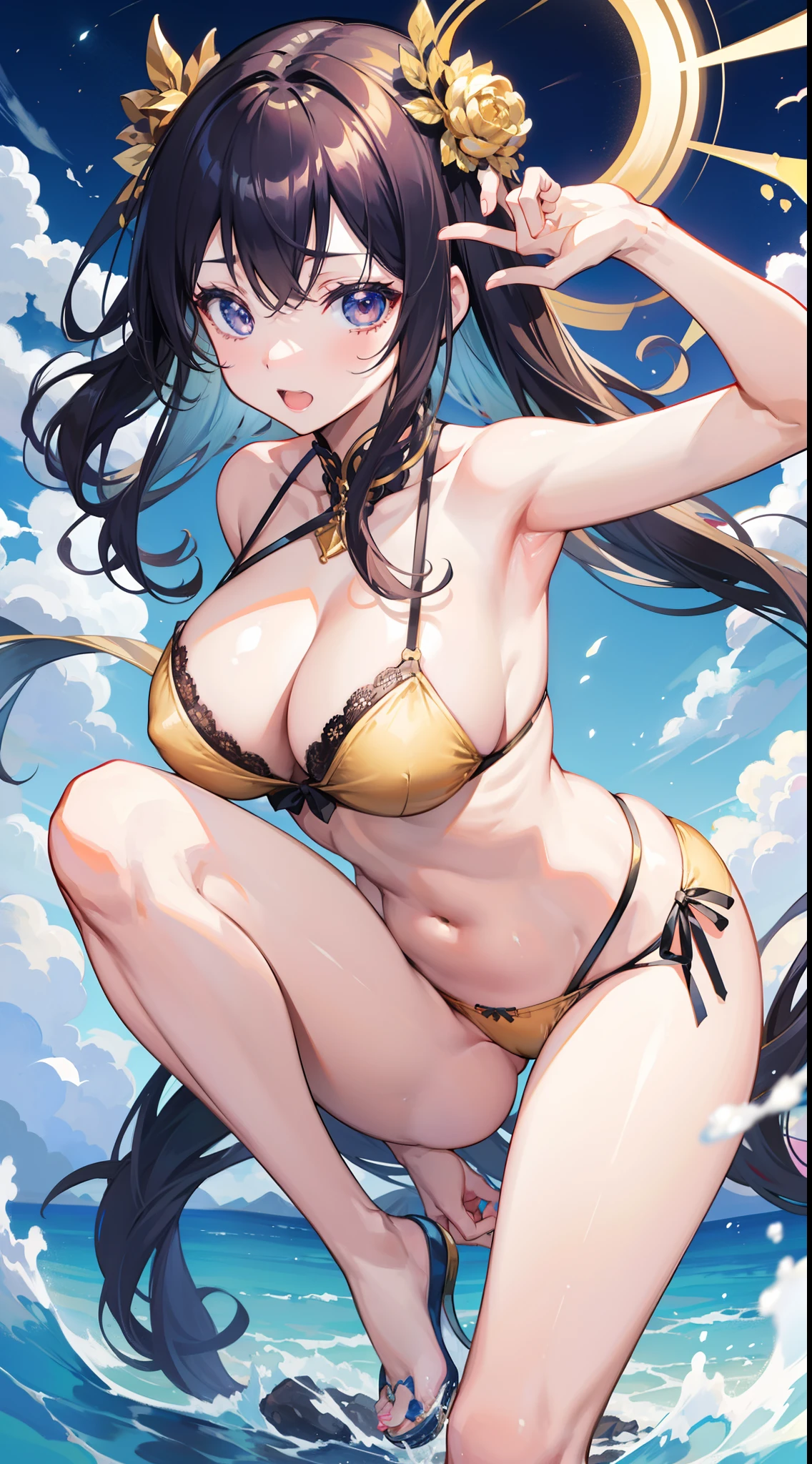 masutepiece、hight resolution、1girl in、in one's underwear only、Golden lingerie、large full breasts、bending forward、Poses that emphasize breasts、Cute anime illustration、