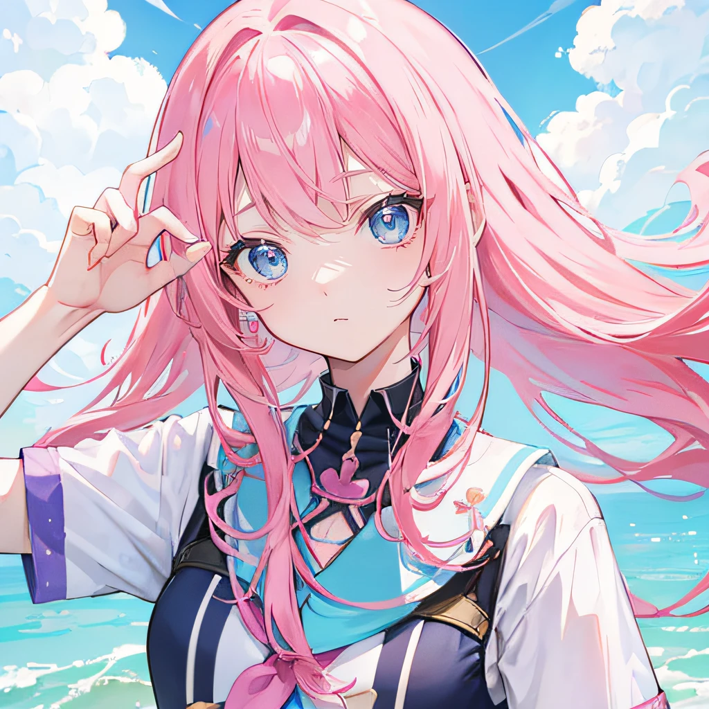 Pink hair,long whitr hair,Neat bangs,Qi bangs,skyblue eyes,,adolable,s girl,,frontage,frontage,frontal photos,ID photo