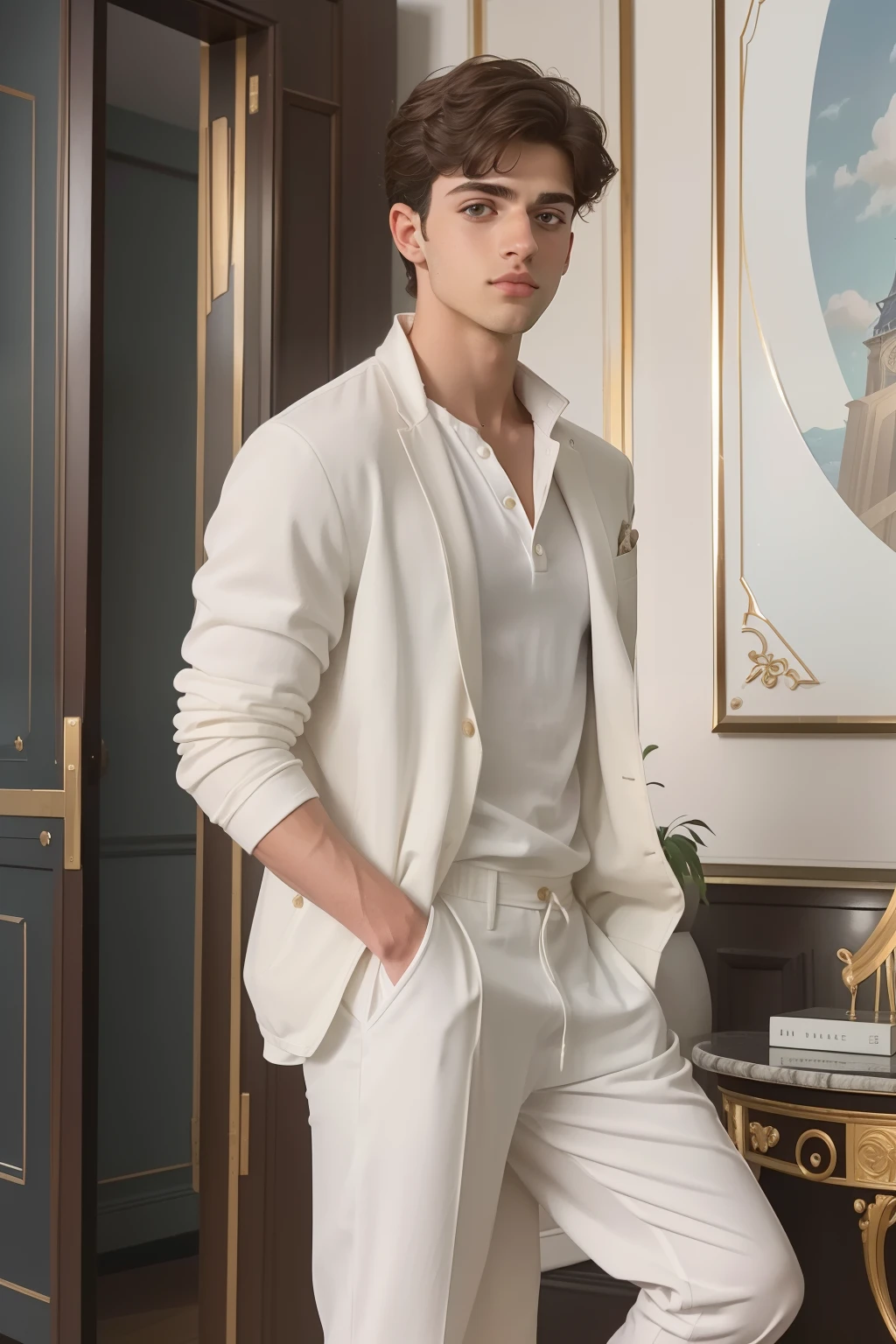 year: 2023. Location: Londres. Pre-Raphaelite scene with a 20-year-old Matthew Daddario, standing in a luxurious living room, white marble, looking away, ((((casual Clothing from the 2020s)))) ((Hairstyle of the 2020s)), pastel colors, (((cinematic style)))