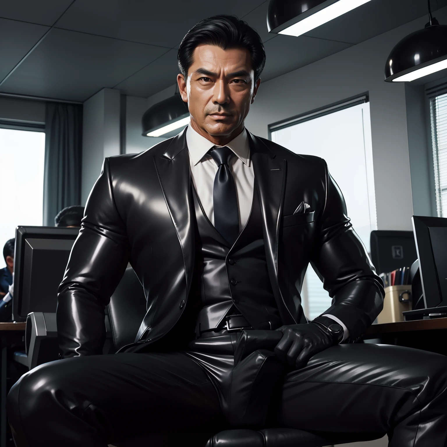 50 years old,daddy,shiny suit,dad is sit down,k hd,in the office,muscle, gay ,black hair,asia face,masculine,strong man,the boss is,handsome,sex,leather gloves,lecherous dad,look straight ahead,Dad is erection,dad is handsome