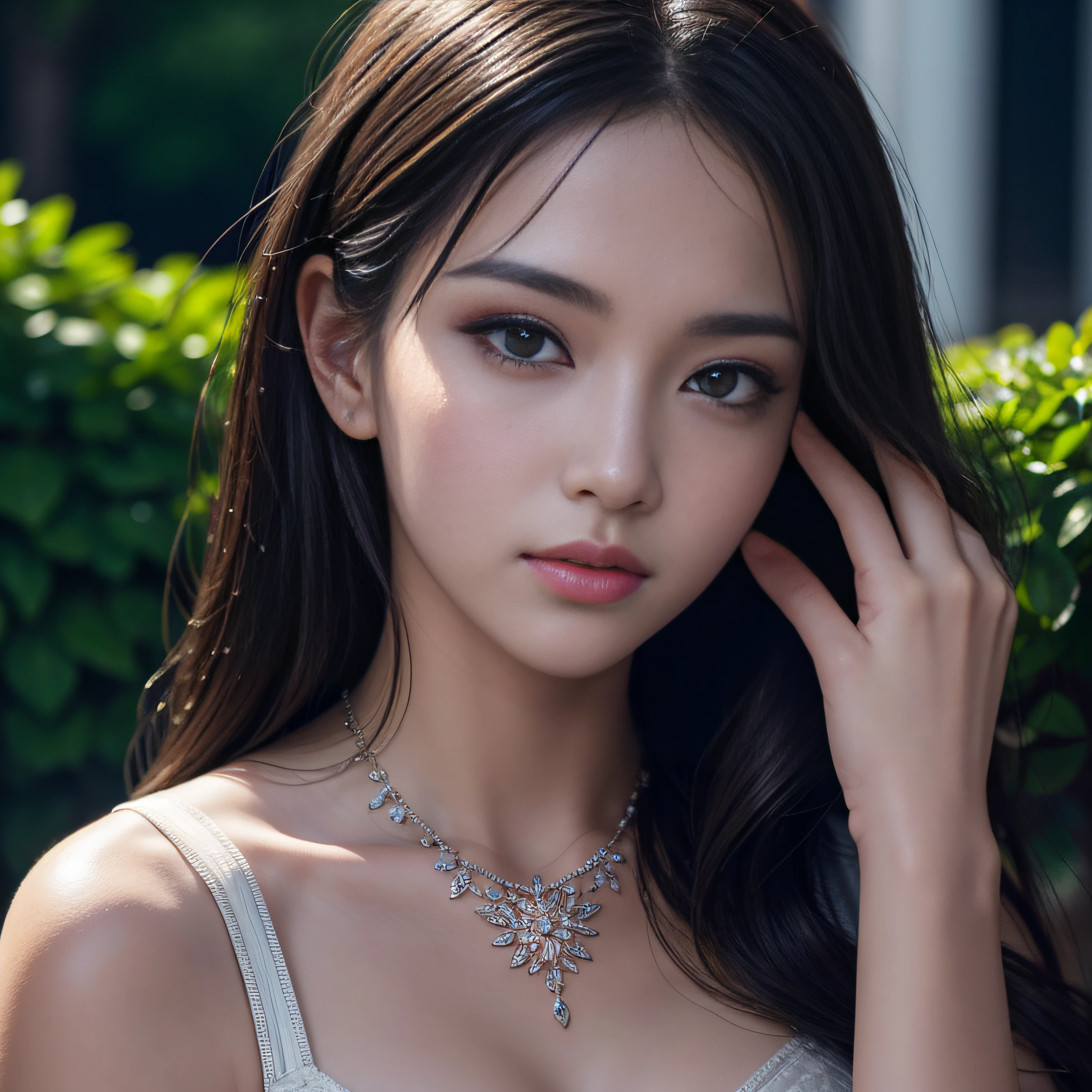 (Masterpiece, Best Quality), A beautiful girl, hair over the shoulder, clear eyes, smooth hair, exquisite and perfect facial features, the most beautiful big eyes, long eyelashes, sweet eyes with lying silkworms, pout, dynamic angle, ultimate picture quality, the highest precision, accurate and perfect human body, necklace, bust, close-up, outdoors, background is flowers and plants, long shot, 4k, 8k, trend in artstation, good anatomy, beautiful lighting, award-winning, realistic, realistic shadows, realistic lighting, beautiful lighting, ray tracing, complex detail, rule of thirds, masterpiece, (illustration: 1.1), high resolution, (very detailed CG, unity, 8k wallpaper:1.1), beautiful face, highly detailed face, super realistic, masterpiece, bokeh, very detailed, intricate, zoomed, colorful, vivid colors, perspective, backlight, detailed background