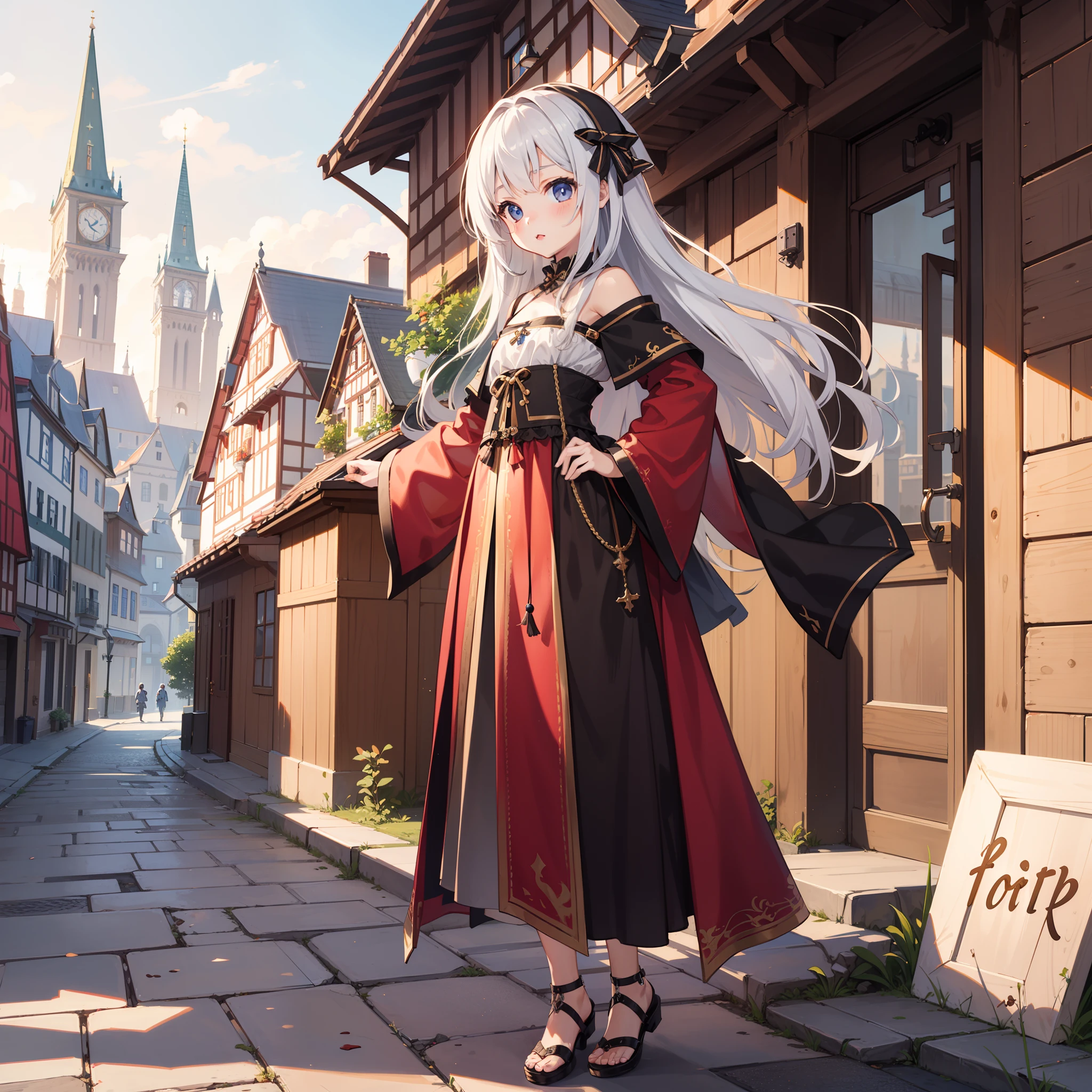 (very cute female child:1.6),10 yo,(Dandre's costume:1.8),(have a chocolate cakes:1.3),BREAK full body shot,medium shot,BREAK (kawaii,loli:1.5),(medieval german cityscape:1.5),Summer,day, Long hair,flat chest,Wind,BREAK (extremely detailed CG unity 8k portrait:1.3),ray-tracing:1.7, (Realism: 1.4), (Masterpiece: 1.3), (highly quality:1.3),(Breathtaking Scenery:1.3),super fine illustration