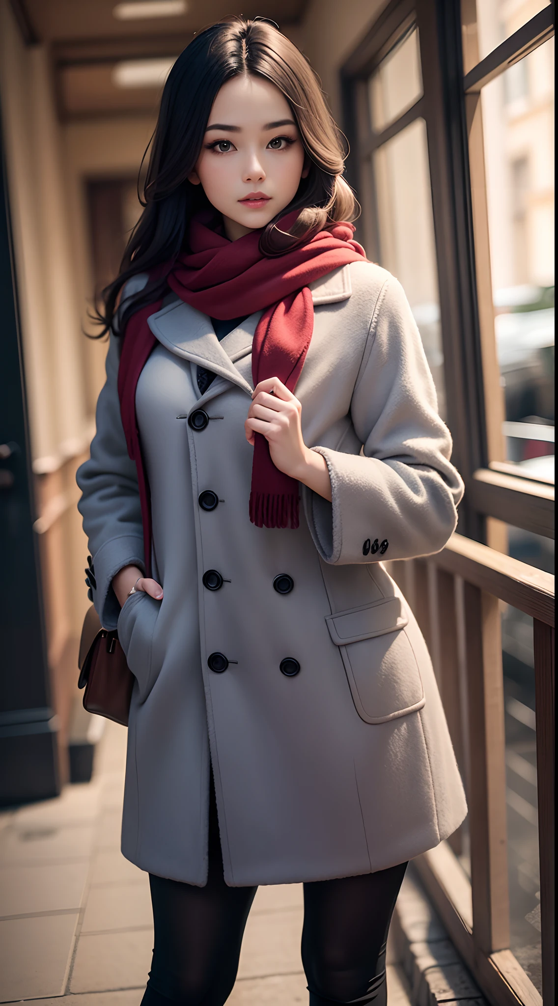 The world of wool felt,wool knitted fabric,Beautiful model posed in wool felt scarf,coat large