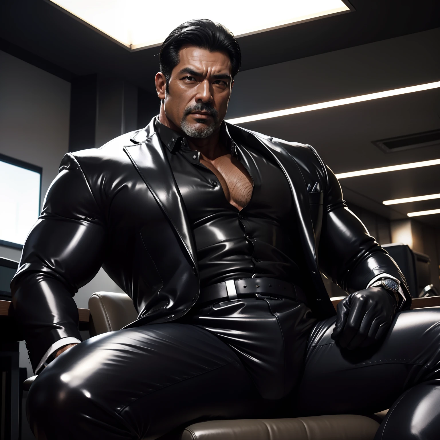 50 years old,daddy,shiny suit sit down,k hd,in the office,big muscle, gay ,black hair,asia face,masculine,strong man,the boss is,handsome,sex,leather gloves,lecherous dad,look straight ahead,Dad is erection,dad is handsome