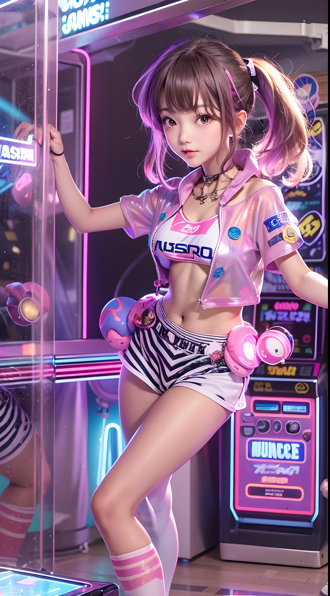 ((Masterpiece)), best quality, absurderes, ultra detailed, holographic, cowboy shot, dynamic pose, golden ratio, super cute girl, mature girl, idol girl, super beautiful asian girl with very beautiful violet glowing eyes, beautiful glowing brown multicolored hair, high ponytail, nice and sexy body, slim body, perfect body, wearing a super tight anime printed leotard, an anime printed super tight off shoulder short sleeve crop top, a super aesthetic transparent mini jacket, beautiful hair ornament, pink jordan tennis, being photographed in the dancing arcade games