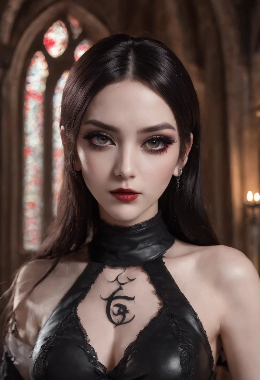 A dark elf (cute woman, pale white skin, large pointy ears, blood red eyes, large evil tattoos, sheer black lingerie), she is studying the glyphs in her summoning chamber, show all of her
