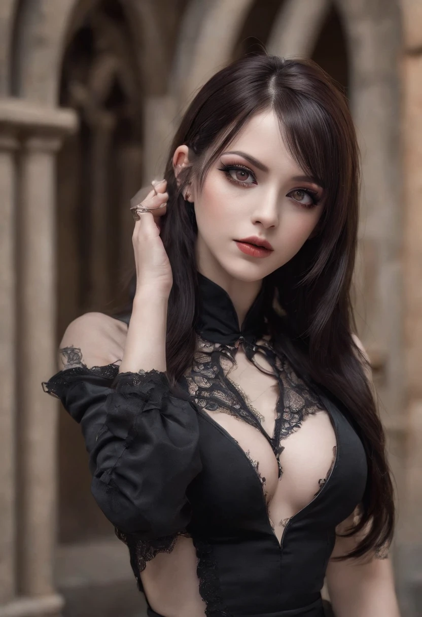 A European woman in a black latex dress poses for a photo, indoor, In a cathedral, Night, Flowers, Smile, Mix Vietnamese, Background blur, Focus, Professional photography, dynamic angle shot, filmgrain, Bokeh, Ray tracing, Dynamic lighting, Tilt the camera, From the front shot, Lens flare,
(((Masterpiece))), ((Best quality)), NSFW, ((intricately details)), ((Realistic)), (50mm Sigma f/1.4 ZEISS lens, F1.4, 1/800s, ISO 100, photography of:1.1), Perspective, Highly detailed, illustration, 2 girls, Big breasts, Beautiful detailed eyes, Long hair, Bang, Brown hair, Brown eyes, Black choker, Earrings, Detailed background, Perfect eyes, Seductive eyes, looking at viewert, from the front side, Gothic makeup, (No tattoos), goth girl aesthetic, goth aesthetic, goth makeup, goth vibe, gothic horror vibes, Dark Gothic Queen, gothgirl, Gothic makeup, dark hair and makeup, Gothic aesthetics, very beautiful goth top model, Gothic eyeliner, goth aesthetic, goth woman, dark make-up,