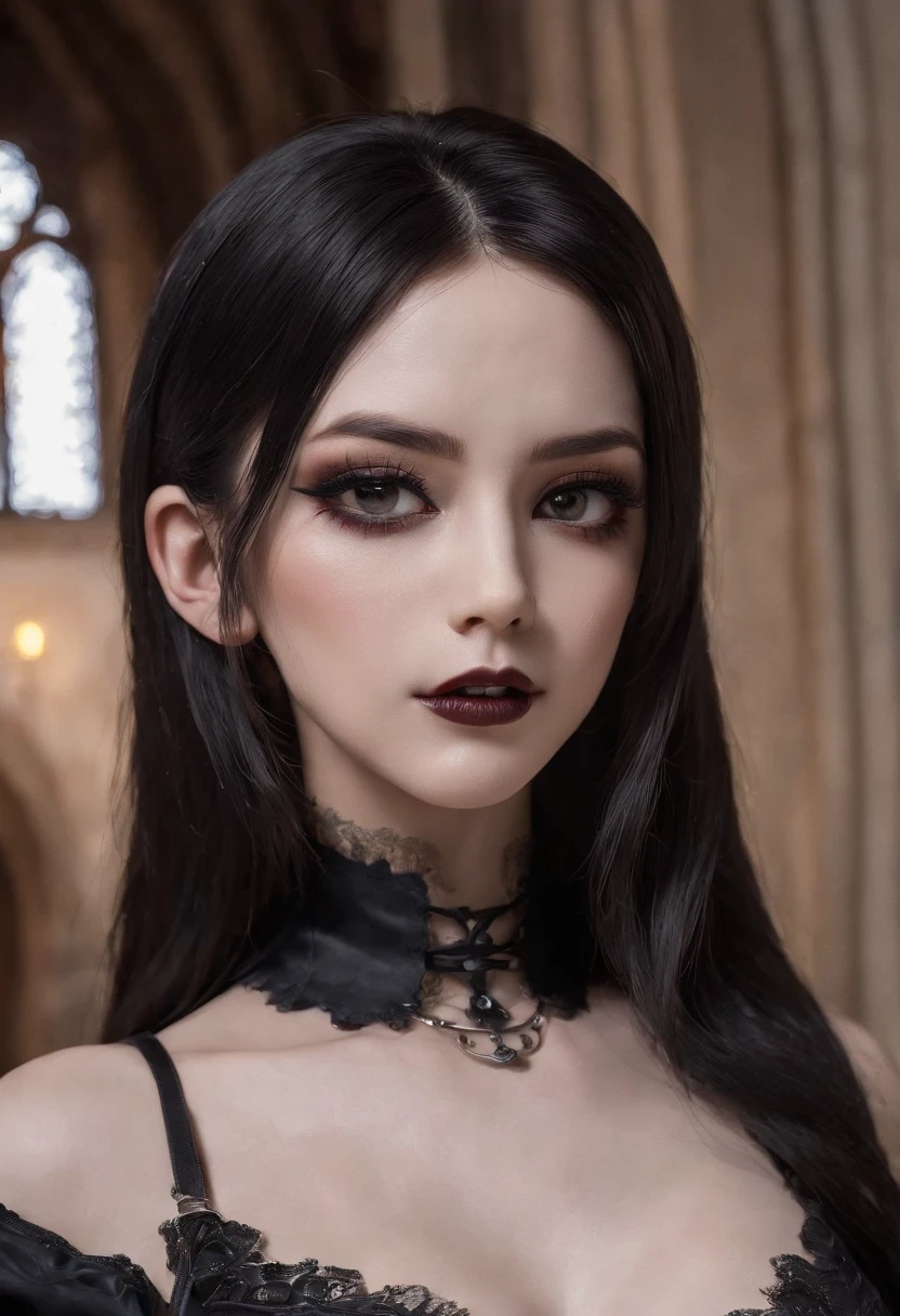 A European woman in a black latex dress poses for a photo, indoor, In a cathedral, Night, Flowers, Smile, Mix Vietnamese, Background blur, Focus, Professional photography, dynamic angle shot, filmgrain, Bokeh, Ray tracing, Dynamic lighting, Tilt the camera, From the front shot, Lens flare,
(((Masterpiece))), ((Best quality)), NSFW, ((intricately details)), ((Realistic)), (50mm Sigma f/1.4 ZEISS lens, F1.4, 1/800s, ISO 100, photography of:1.1), Perspective, Highly detailed, illustration, 2 girls, Big breasts, Beautiful detailed eyes, Long hair, Bang, Brown hair, Brown eyes, Black choker, Earrings, Detailed background, Perfect eyes, Seductive eyes, looking at viewert, from the front side, Gothic makeup, (No tattoos), goth girl aesthetic, goth aesthetic, goth makeup, goth vibe, gothic horror vibes, Dark Gothic Queen, gothgirl, Gothic makeup, dark hair and makeup, Gothic aesthetics, very beautiful goth top model, Gothic eyeliner, goth aesthetic, goth woman, dark make-up,