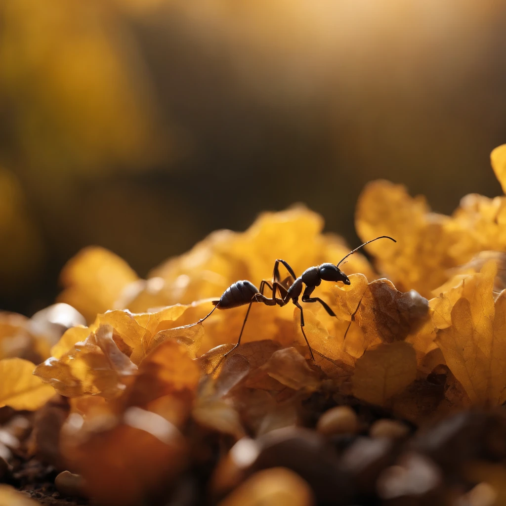 a golden transparent ant on a pile of gems, （masterpiece，best quality：1.2），200 mm 1.4F macro shooting，very delicate beautiful，the best lights，The best shadow，Render the background, stylized 3d render，Beautiful scenery, Autumn, Long lens tracking photography