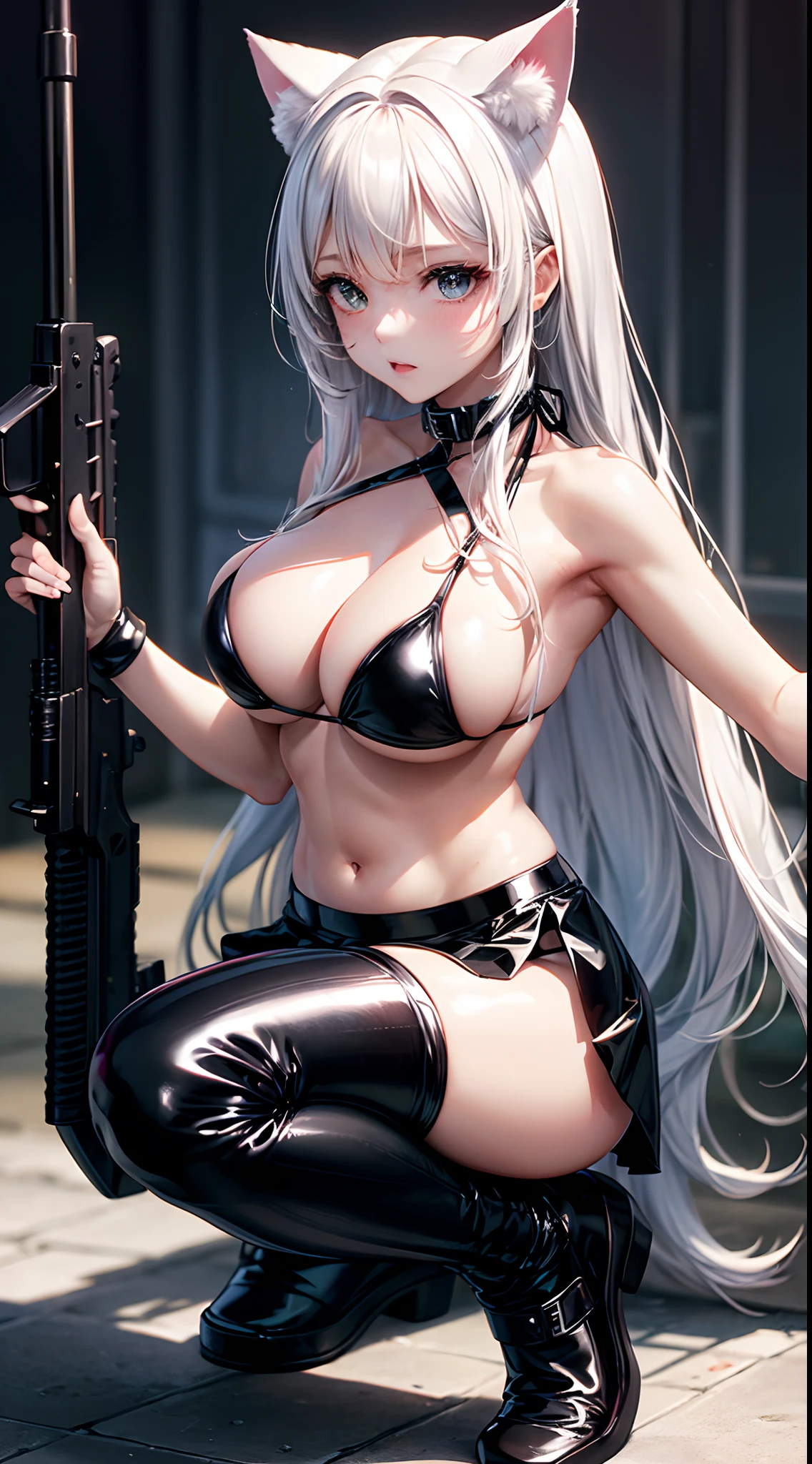 realisitic、top-quality、1woman, white wavy hair, cat ear (((black PVC bikini))) (((black PVC micro skirt))) (((black PVC knee socks))) big breasts, assault rifle