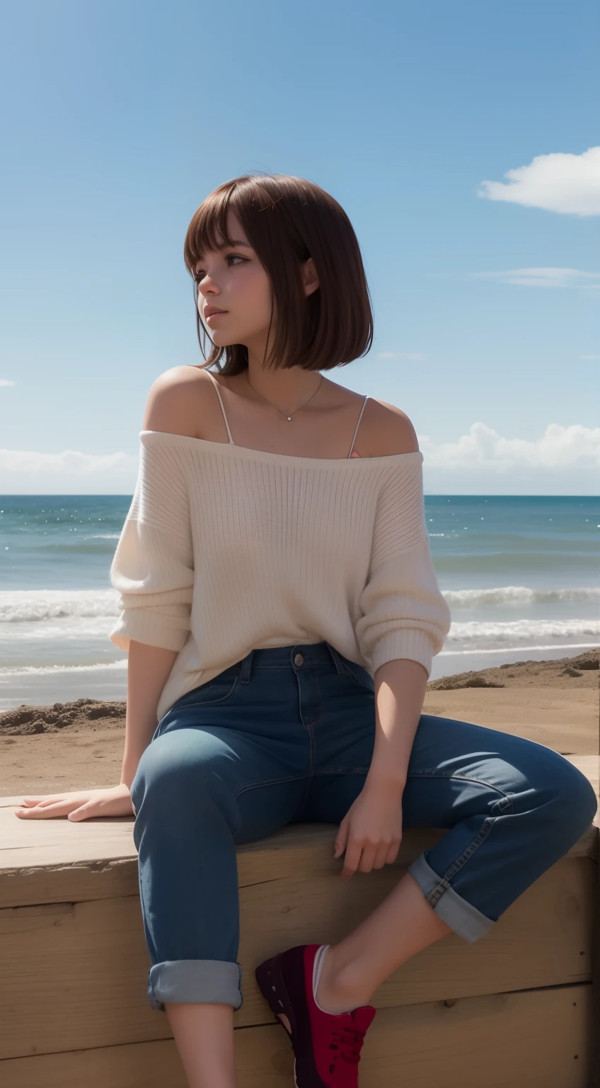 Max Caulfield , cabello rosado . labios rojos ,pelo corto , ,  , Profundidad de campo, 
 ,  mono , Pantalones Jens ,
 Mirando al espectador, en la playa