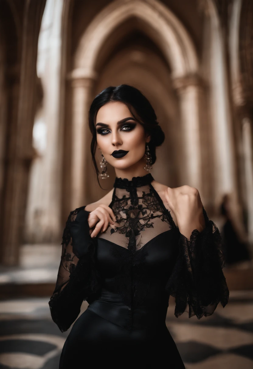 A European woman wearing a black latex dress poses for a group photo, indoor, In the cathedral, Night, Flowers, Smile, Mix Vietnamese, Background blur, Focus, Professional photography, dynamic angle shot, filmgrain, Bokeh, Ray tracing, Dynamic lighting, Tilt the camera, From the front shot, Lens flare,
(((Masterpiece))), ((Best quality)), NSFW, ((intricately details)), ((Realistic)), (50mm Sigma f/1.4 ZEISS lens, F1.4, 1/800s, ISO 100, photography of:1.1), Perspective, Highly detailed, illustration, 2 girls, Big breasts, Beautiful detailed eyes, Long hair, Bang, Brown hair, Brown eyes, Black choker, Earrings, Detailed background, Perfect eyes, Seductive eyes, looking at viewert, From the front side, Gothic makeup, (No tattoos), goth girl aesthetic, goth aesthetic, goth makeup, goth vibe, gothic horror vibes, Dark Gothic Queen, gothgirl, Gothic makeup, dark hair and makeup, Gothic aesthetics, very beautiful goth top model, Gothic eyeliner, goth aesthetic, goth woman, dark make-up,