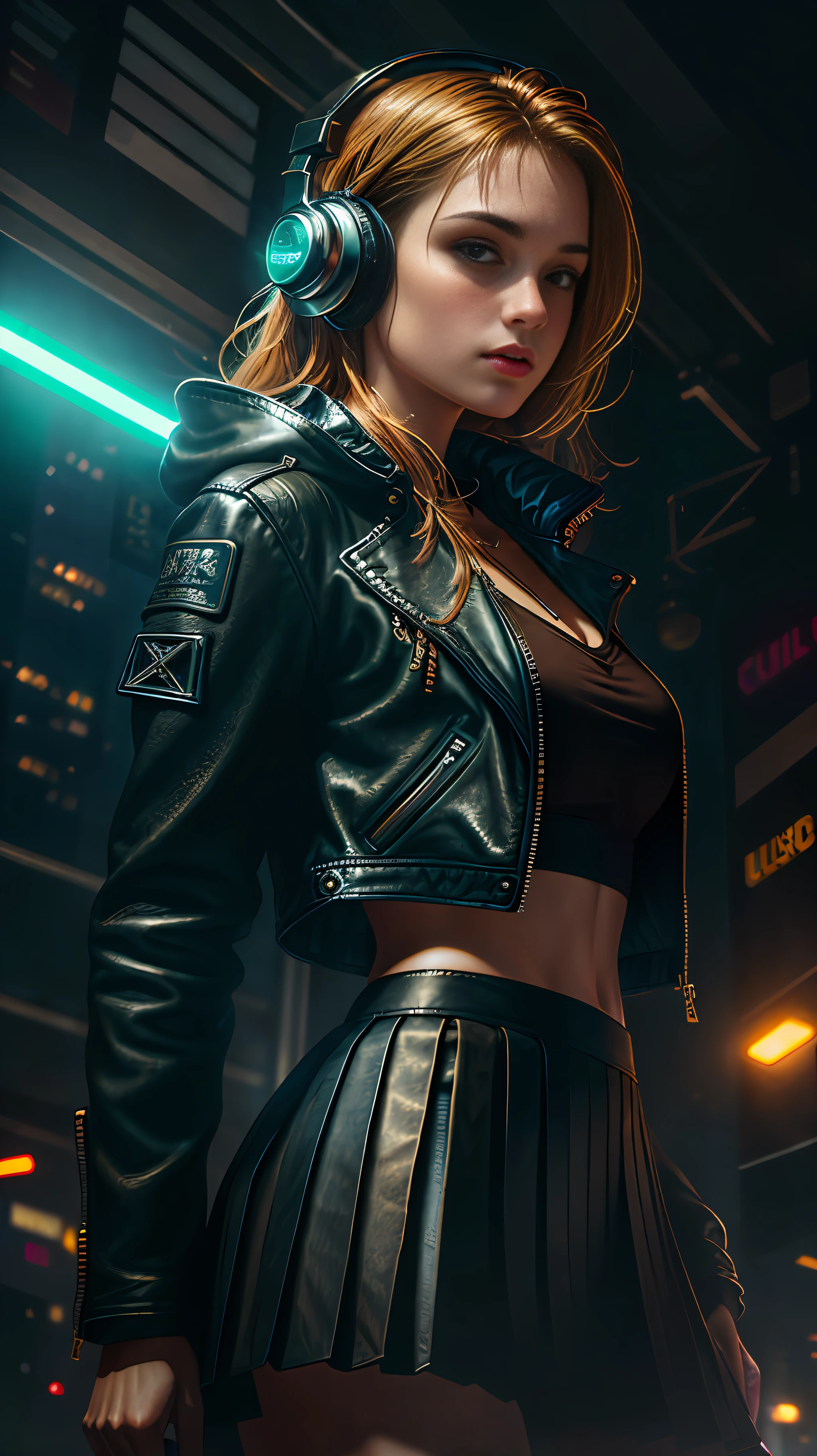 Best quality, realistic, realistic, award-winning illustration, (complicated detail: 1.2), (fine detail), (complicated detail), (cinematic lights, best quality backlight), sharp lines, sharp focus, official art, unit 8k wallpaper, absurd, unbelievably absurd, huge file size, ultra- (in_main_street:1.21), (neon lamp), fantasy art, rtx,((closeup triangle photo from award-winning studio)), 1girl, wonderful, (shut up), small breasts, beautiful detailed eyes, Perfect Face, (top, leather jacket, Martin boots),(headphones_around_neck),(headphones_around_hair),((pleated skirt) ), ((supermodel pose)),