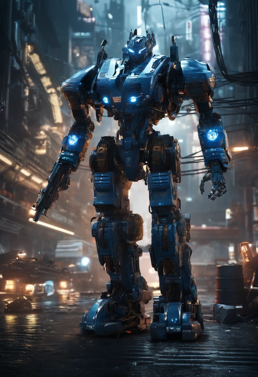 (high quality,realistic,photo-realistic:1.37),giant humanoid robot,wearing armor and weaponry,mech suit,battle-ready stance,advanced technology,steely gaze,bionic enhancements,detailed joints and hydraulics,glowing power core,intimidating presence,industrial backdrop,massive size and scale,mechanical movements,explosions and debris,futuristic atmosphere,blue color tone,harshly lit by spotlight.