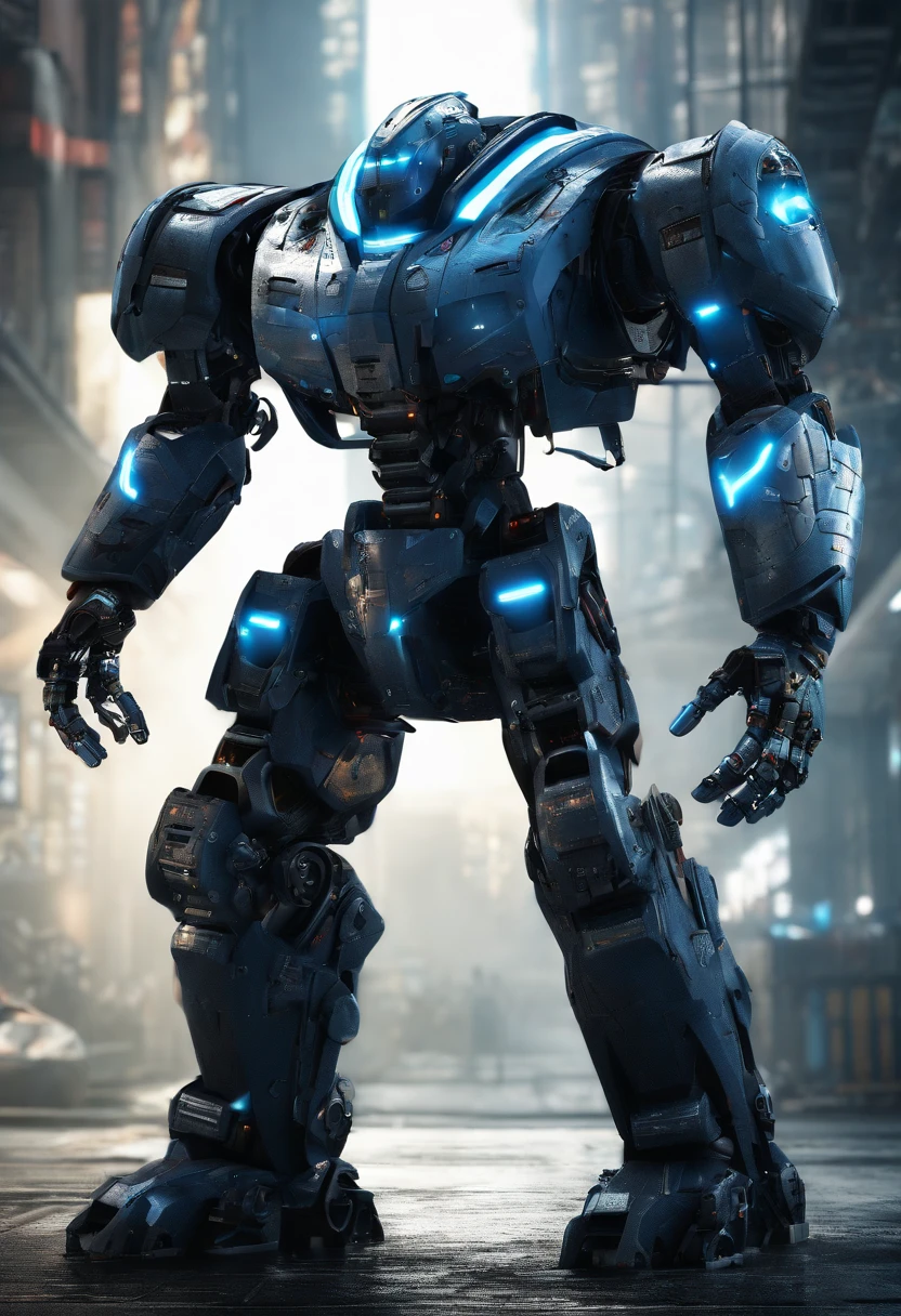 (high quality,realistic,photo-realistic:1.37),giant humanoid robot,wearing armor and weaponry,mech suit,battle-ready stance,advanced technology,steely gaze,bionic enhancements,detailed joints and hydraulics,glowing power core,intimidating presence,industrial backdrop,massive size and scale,mechanical movements,explosions and debris,futuristic atmosphere,blue color tone,harshly lit by spotlight.