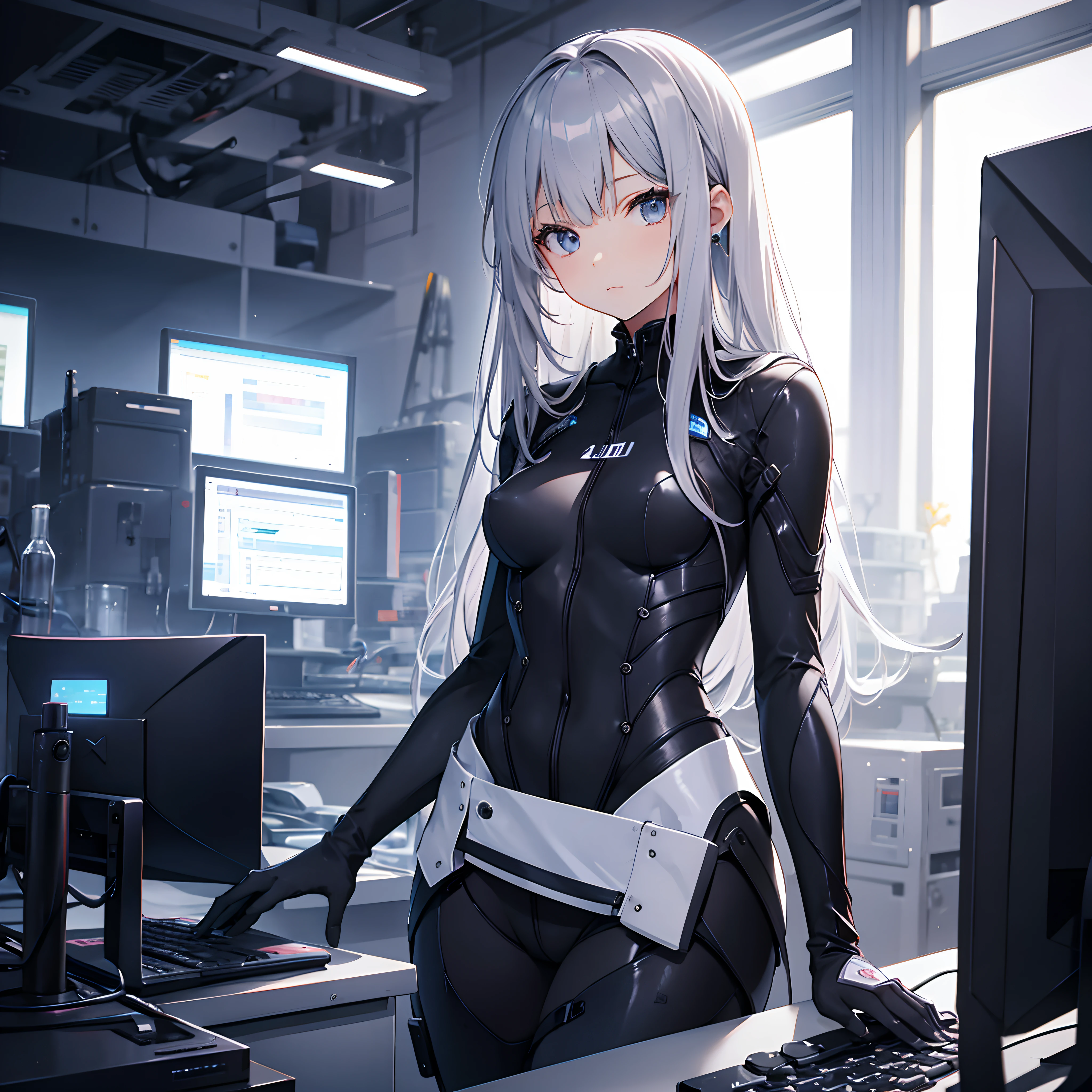 Silver-haired woman、One woman、20yr old、AI、Black clothe、plugsuit、top-quality、computers、lab