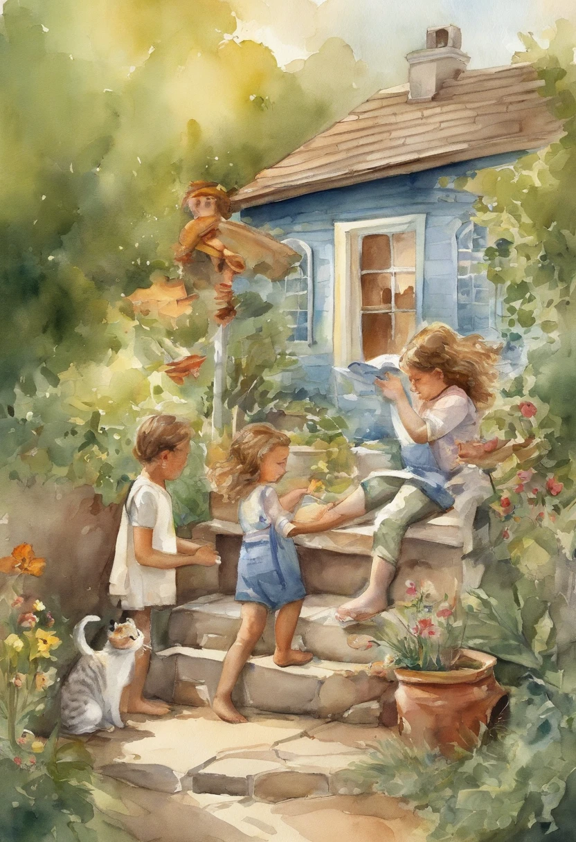 There are two children playing with a cat in the backyard, illustration of children's books, illustration of children's books, illustration for children's book, illustration of children's book, illustration of children's book, illustration of children's books, cute storybook illustration, illustration for children, story book illustration, Children's illustration, storybook illustration, colorful kids book illustration, a storybook illustration, childrens illustration
