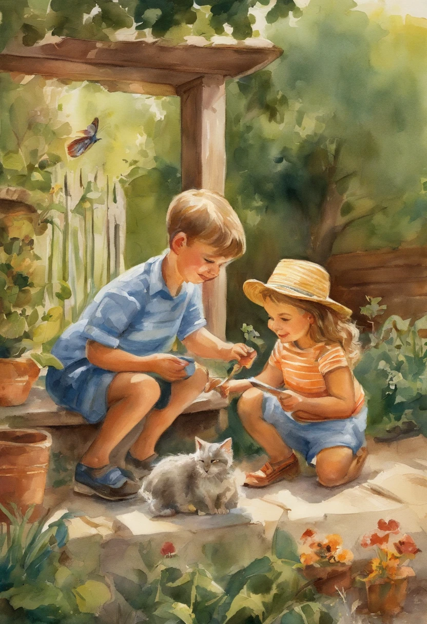 Two children playing with a cat in the backyard, children's book illustrations, children's book illustrations, children's book illustrations, children's book illustrations, children's book illustrations, children's book illustrations, cute storybook illustration, children illustration, storybook illustrations, Children's illustration, Storybook illustration, colorful kids book illustration, storybook illustrations, KIDS ILLUSTRATION