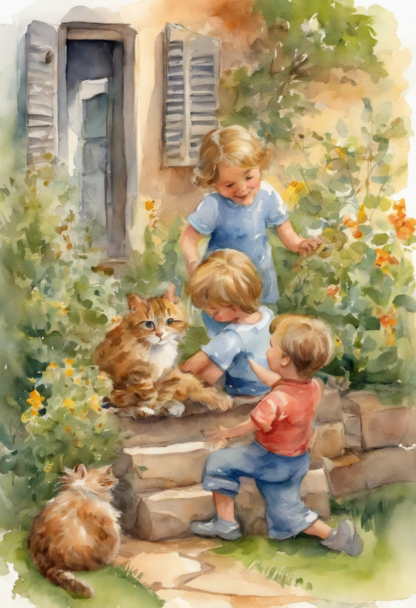 Two children playing with a cat in the backyard, children's book illustrations, children's book illustrations, children's book illustrations, children's book illustrations, children's book illustrations, children's book illustrations, cute storybook illustration, children illustration, storybook illustrations, Children's illustration, Storybook illustration, colorful kids book illustration, storybook illustrations, KIDS ILLUSTRATION