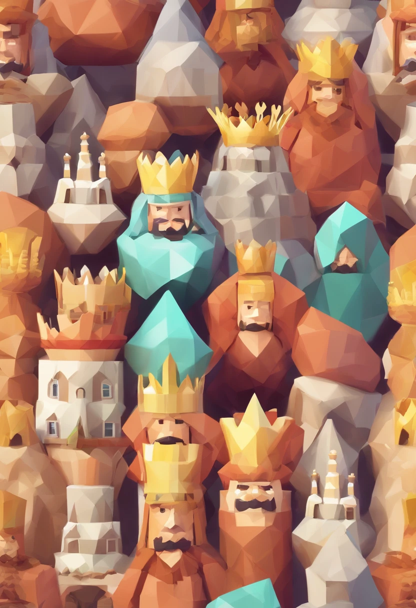 Tiny potato kings wearing majestic crowns, sitting on thrones, overseeing their vast potato kingdom filled with potato subjects and potato castles