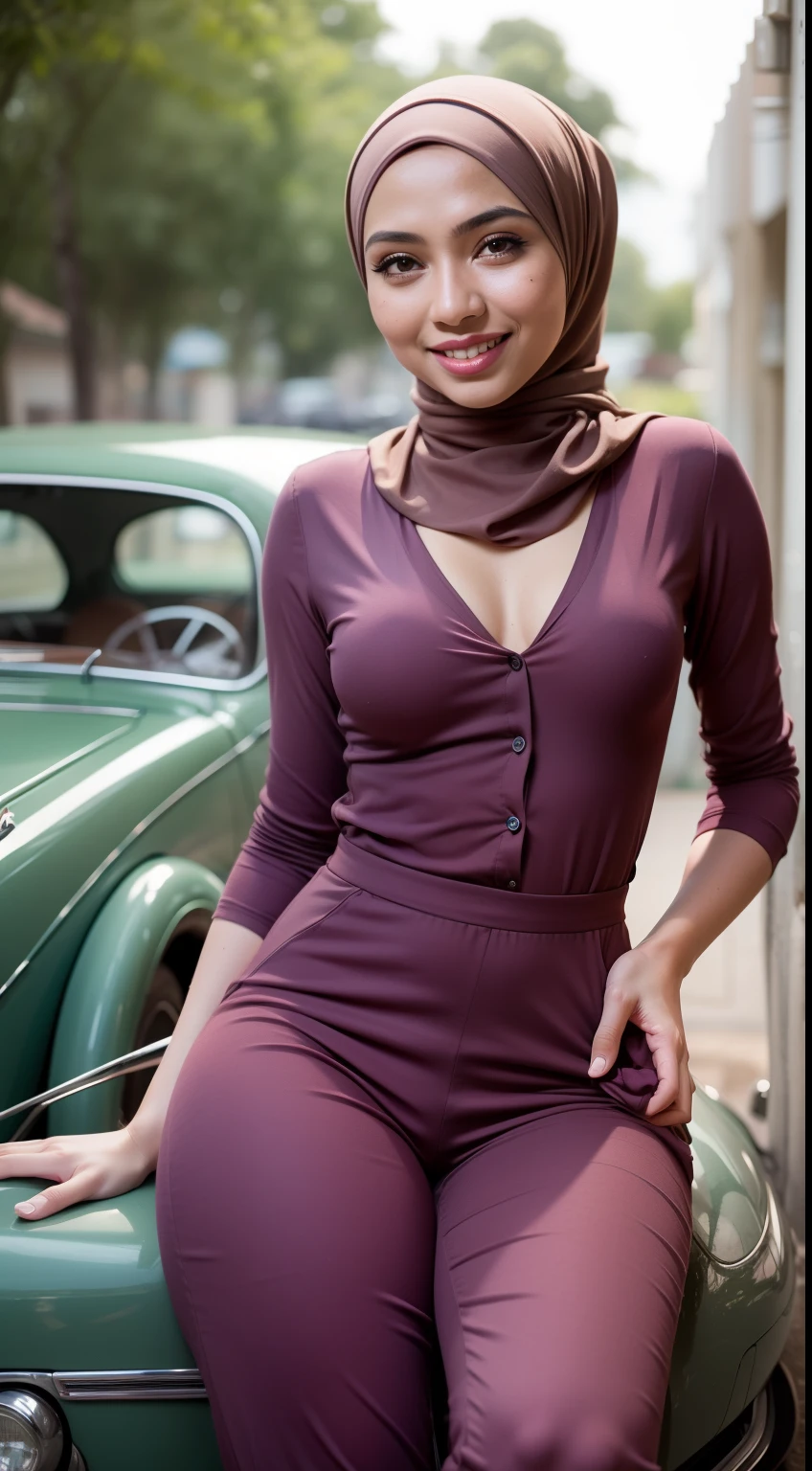 Malay girl in hijab wear pastel color jumpsuit, seat infront of vintage car, old car, front view, detail skin, detail skin texture, mole below eyes, small breast, big hip, big waist, big thigh, slim abs, beautiful body, evening, laughing, happy, bright lighting, blur background, bokeh,