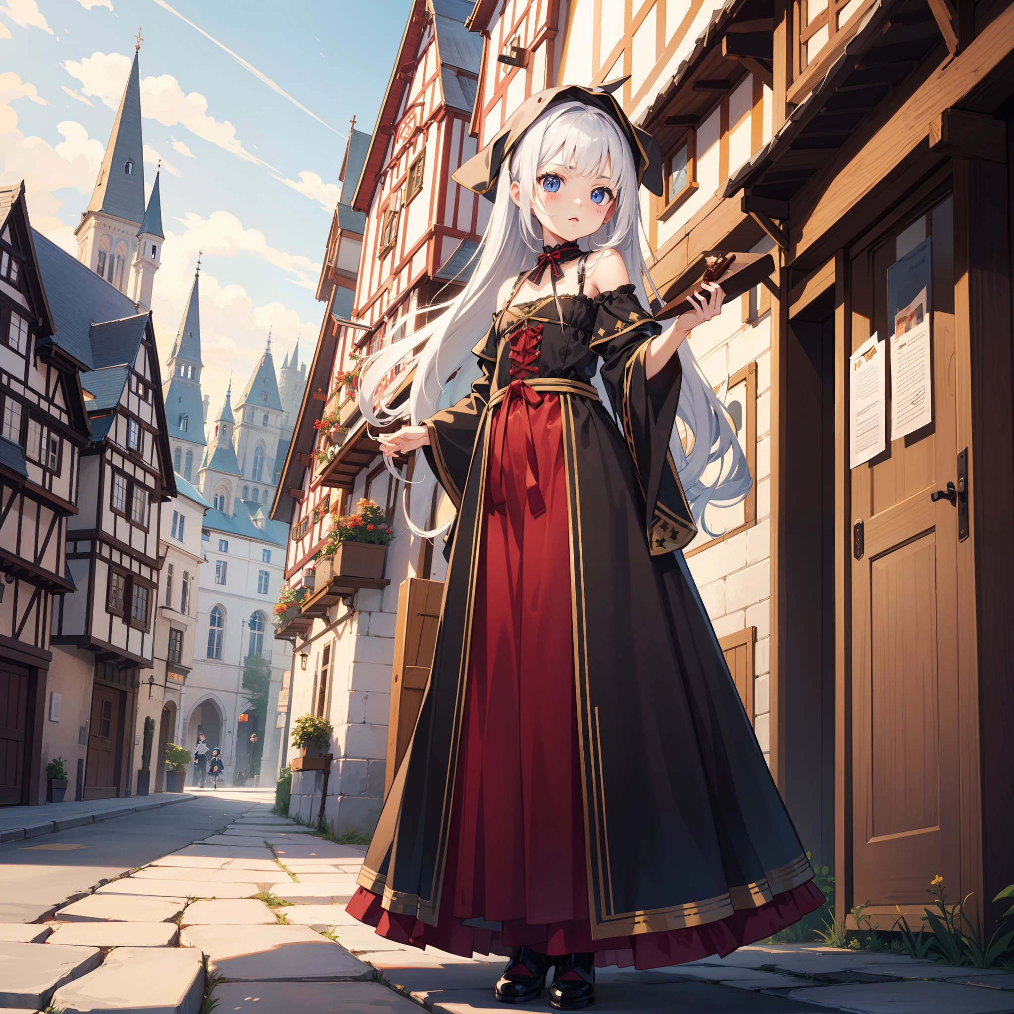 (very cute female child:1.6),10 yo,(Dandre's costume:1.8),(Offering a chocolate cakes than your face:1.3),BREAK full body shot,medium shot,BREAK (kawaii,loli:1.5),(medieval german cityscape:1.5),Summer,day, Long hair,flat chest,Wind,BREAK  (extremely detailed CG unity 8k portrait:1.3),ray-tracing:1.7, (Realism: 1.4), (Masterpiece: 1.3), (highly quality:1.3),(Breathtaking Scenery:1.3),super fine illustration