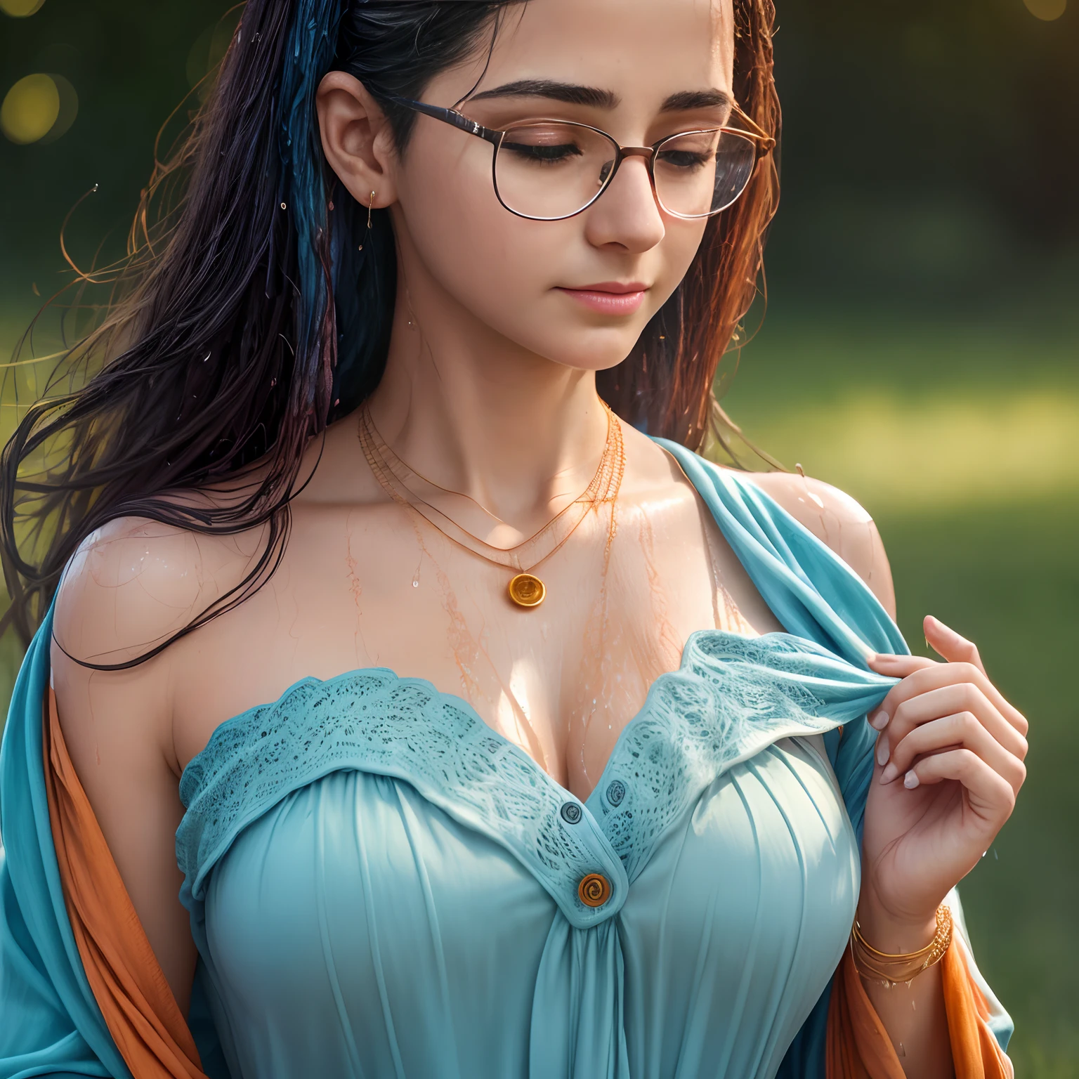 A nerdish woman wearing a pale blue sun dress and off the shoulder cardigan, sunny day, orange sundress, RAW, UHD, 8K, (closeup:1.1), head, highly detailed face, stunning eyes, primary colors, colorful, 35 year old Indian, 
masterpiece,ultra realistic,32k,extremely detailed CG unity 8k wallpaper, best quality, hands pulling low ,eardrop,lady ,necklace, ((wet clothes)), wet skin, wet hair, soaked, drenched, glasses