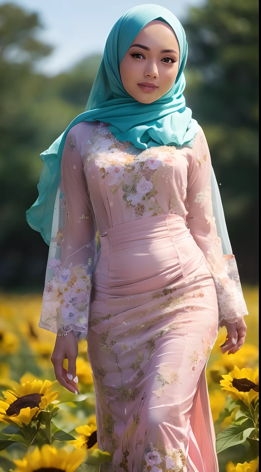 Malay girl in long hijab wear baju kebaya, pastel color, walking in sunflower field, windy, blown her hijab, front view, detail skin, detail skin texture, mole below eyes, small breast, wide hips, small waist, thick thigh, slim abs, beautiful body, sunrise, laughing, happy, bright lighting, blur background, bokeh, 4k, ultra detail, high quality photo,