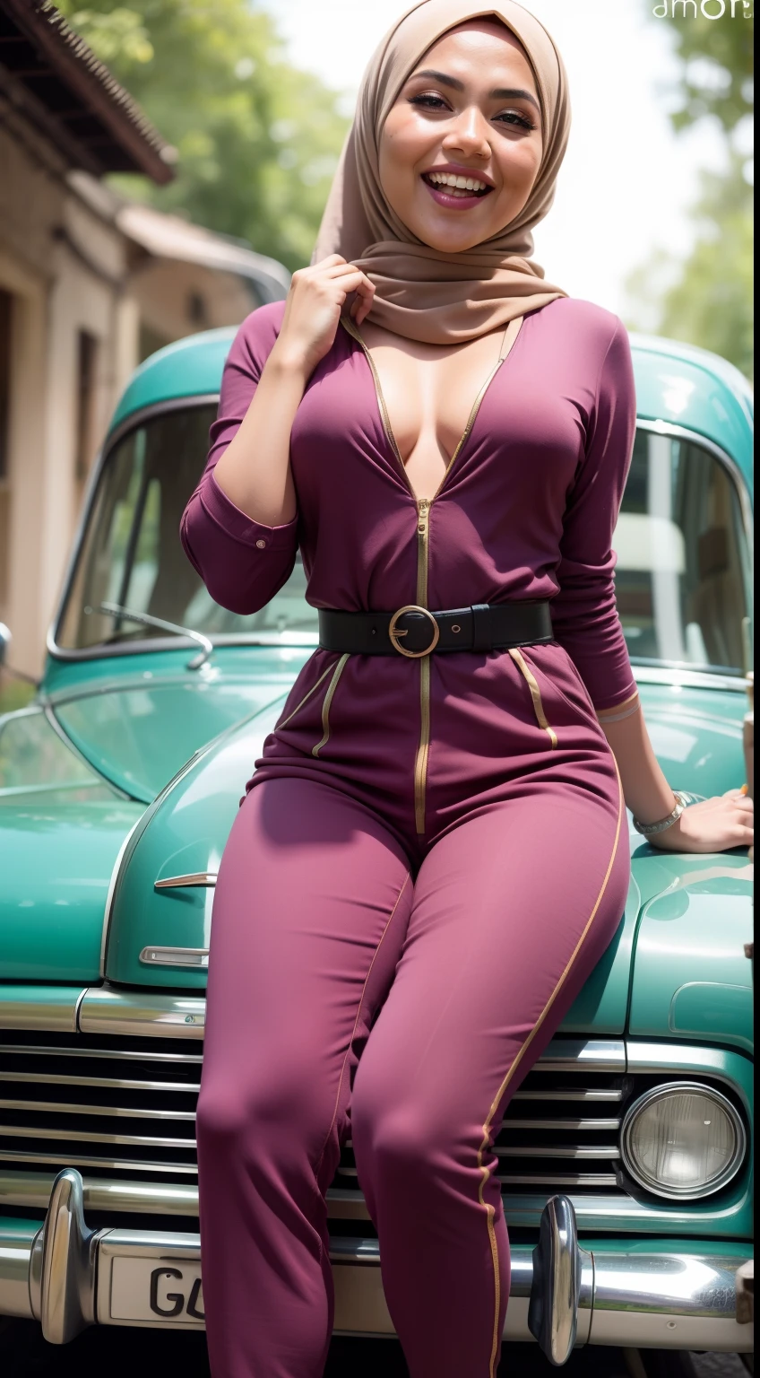 Malay girl in hijab wear pastel color jumpsuit, seat infront of vintage car, old car, front view, detail skin, detail skin texture, mole below eyes, small breast, big hip, big waist, big thigh, slim abs, beautiful body, evening, laughing, happy, bright lighting, blur background, bokeh,