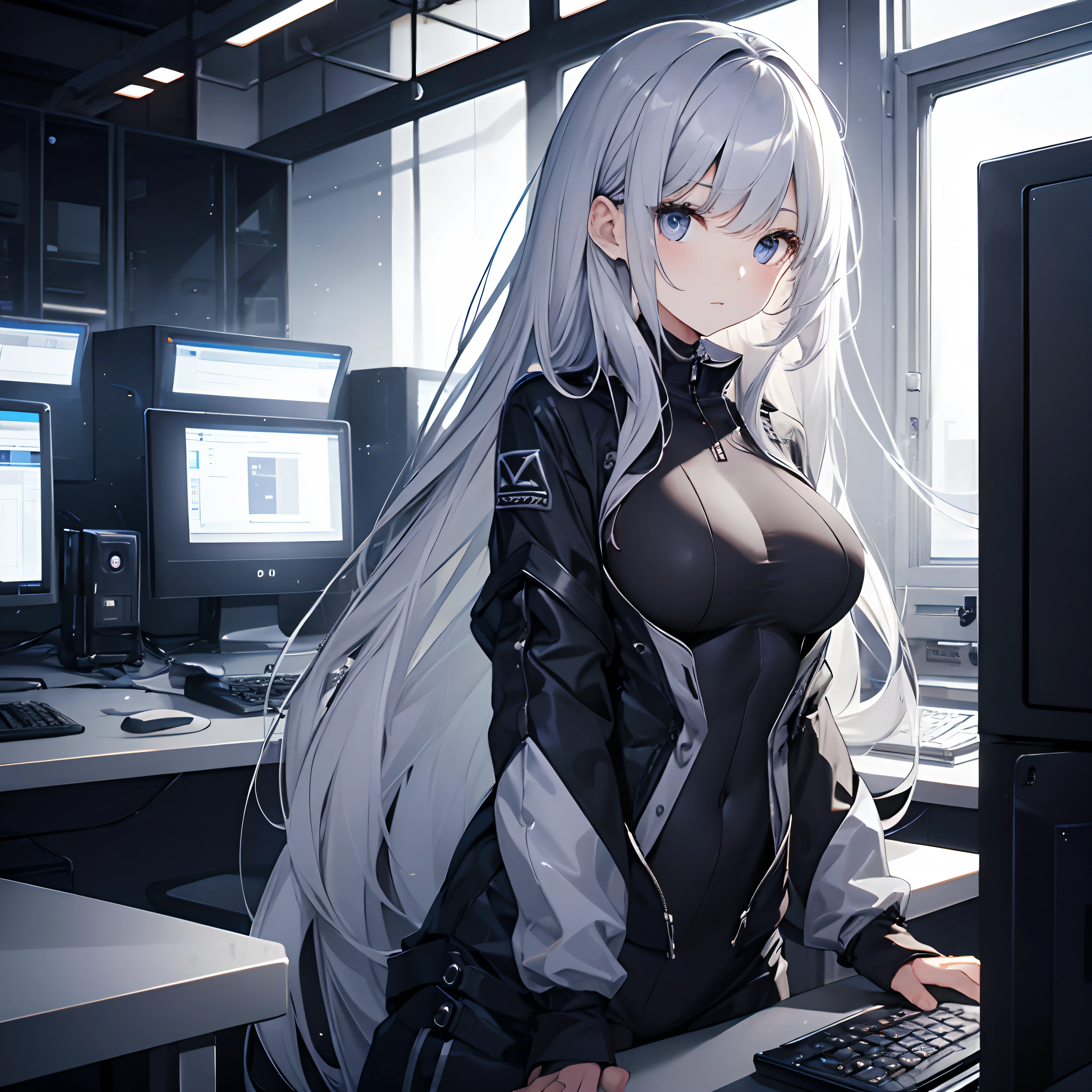 Silver-haired woman、One woman、20yr old、AI、Black clothe、plugsuit、top-quality、computers、lab