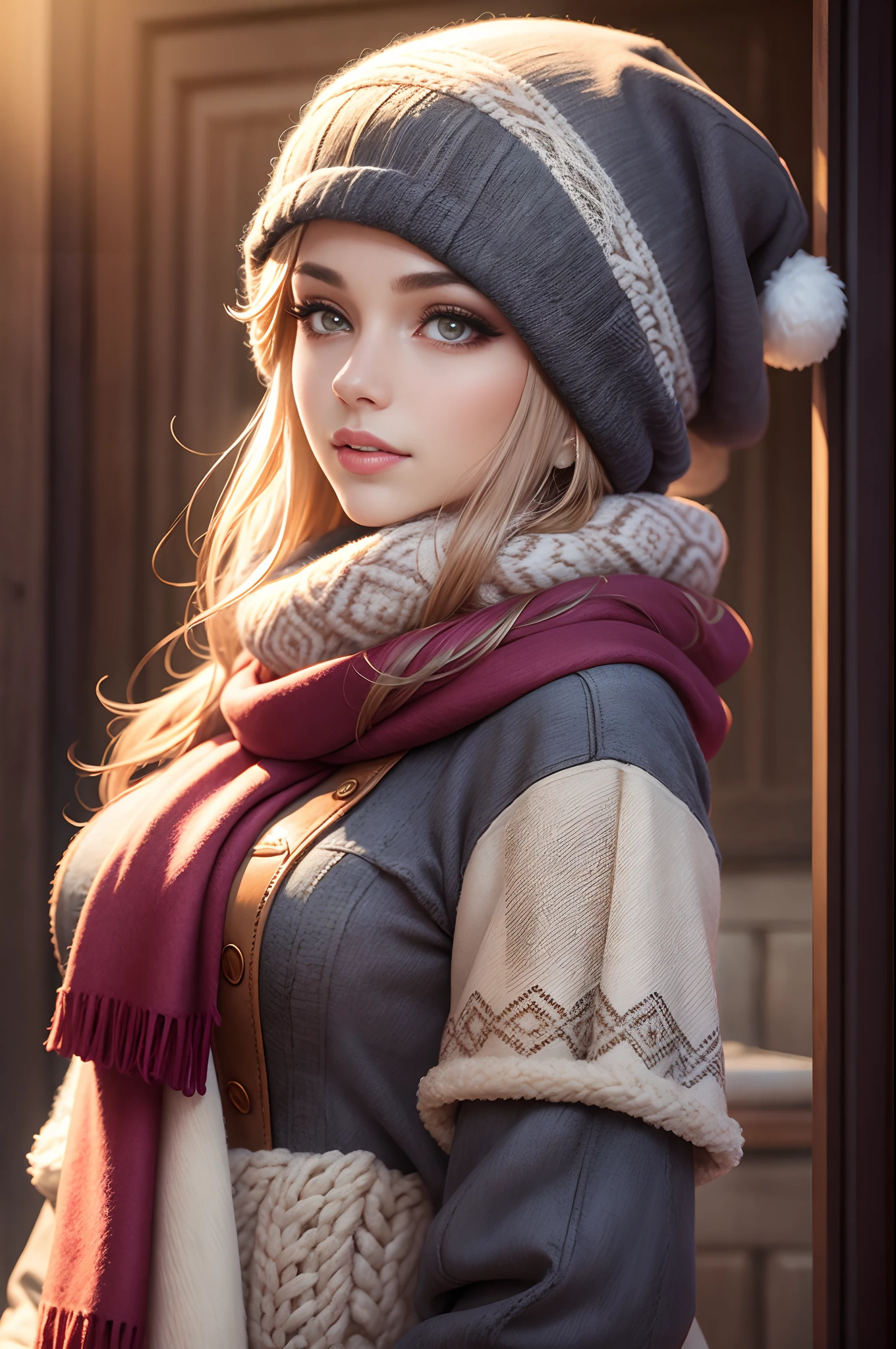 Beautiful woman in wool felt scarf，Hats