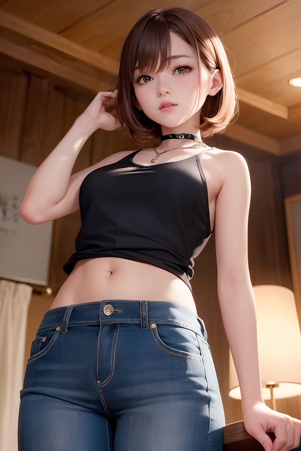 ((middlebreasts、tomgirl、the head is small))、sunlights、sunlights、(Chiseled abs : 1.1)、(the perfect body : 1.1)、(Short straight hair : 1.2)、reddish brown hair、collars、chains、FULL BODYSHOT、Sunset、sea side、Black tank top、Jeans wearing jacket、((shortpants))、(Highly detailed CG 8K wallpaper)、(extremely delicate and beautiful)、(​masterpiece)、(top-quality:1.0)、(超A high resolution:1.0)、beautiful  lighting、perfect lightning bolt、realistic shadow、[hight resolution]、Detailed skin、ultra-detailliert