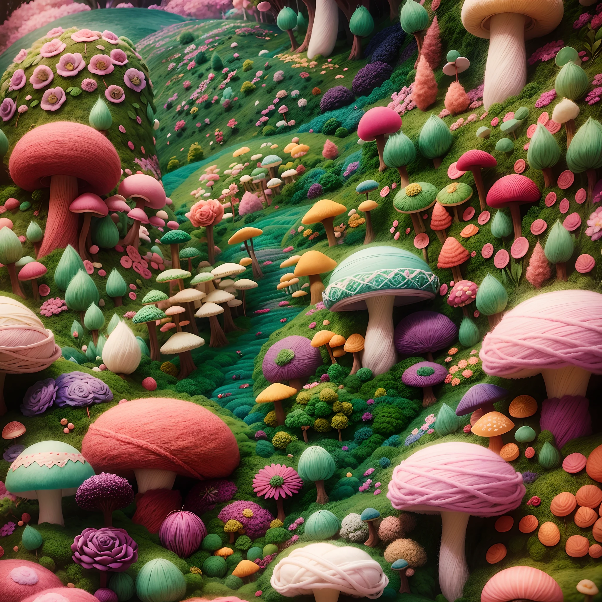 Wool felt animation,Dreamy Wonderland,an enchanted forest,Superb needlework details,Imaginative landscape,Soft touch,Knitted fabric transformation,Subtle lighting effects,A richly saturated color palette,Artfully hand-dyed wool fibers,Rose garden,Lush greenery, Vibrant mushrooms, fresh flowers,The magical world of wool felt.