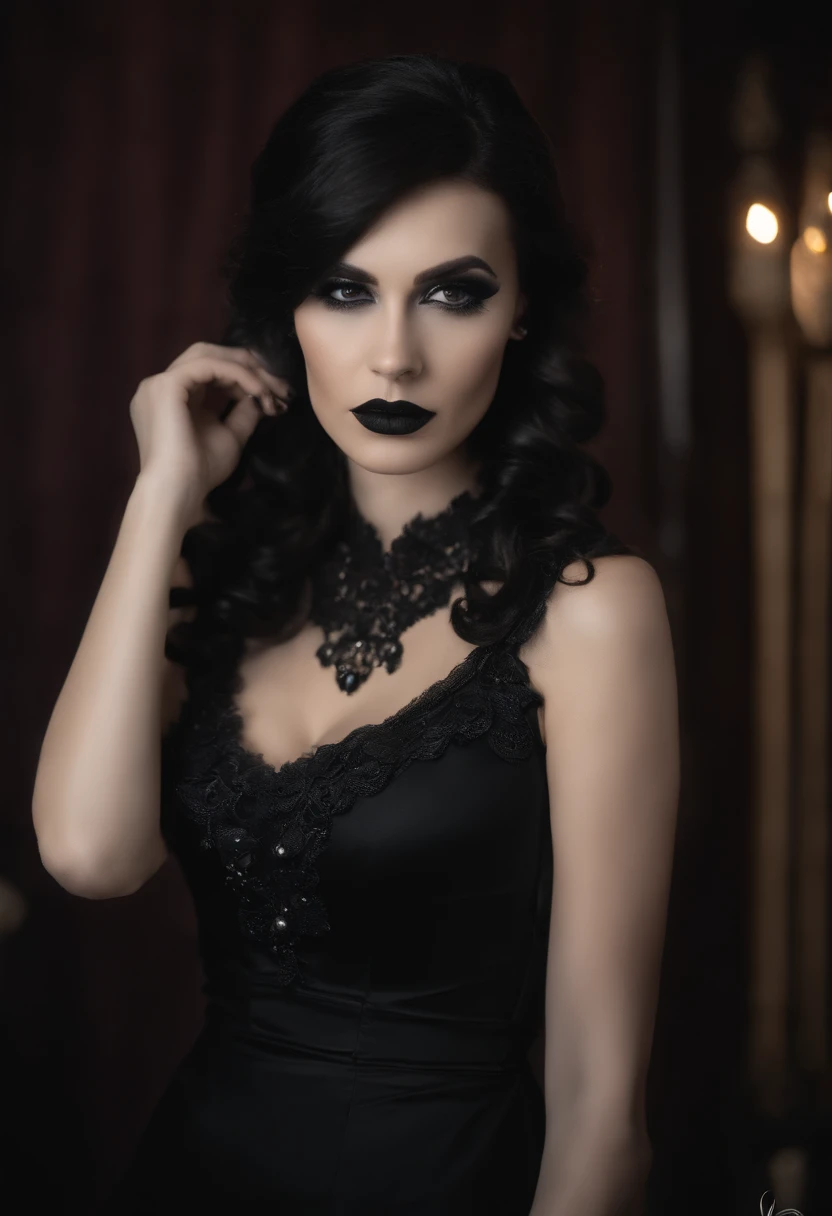 (best quality, hyperdetailed photography:1.2), beautiful white lady, ((dark black lipstick)), freckles, gothic makeup, soft light, curvy figure, head and breast portrait, cover, (detailed beautiful face, detail skin texture, ultra-detailed body:1.1) sexy vampire women, full body photography, with black elegant and sexy dress
