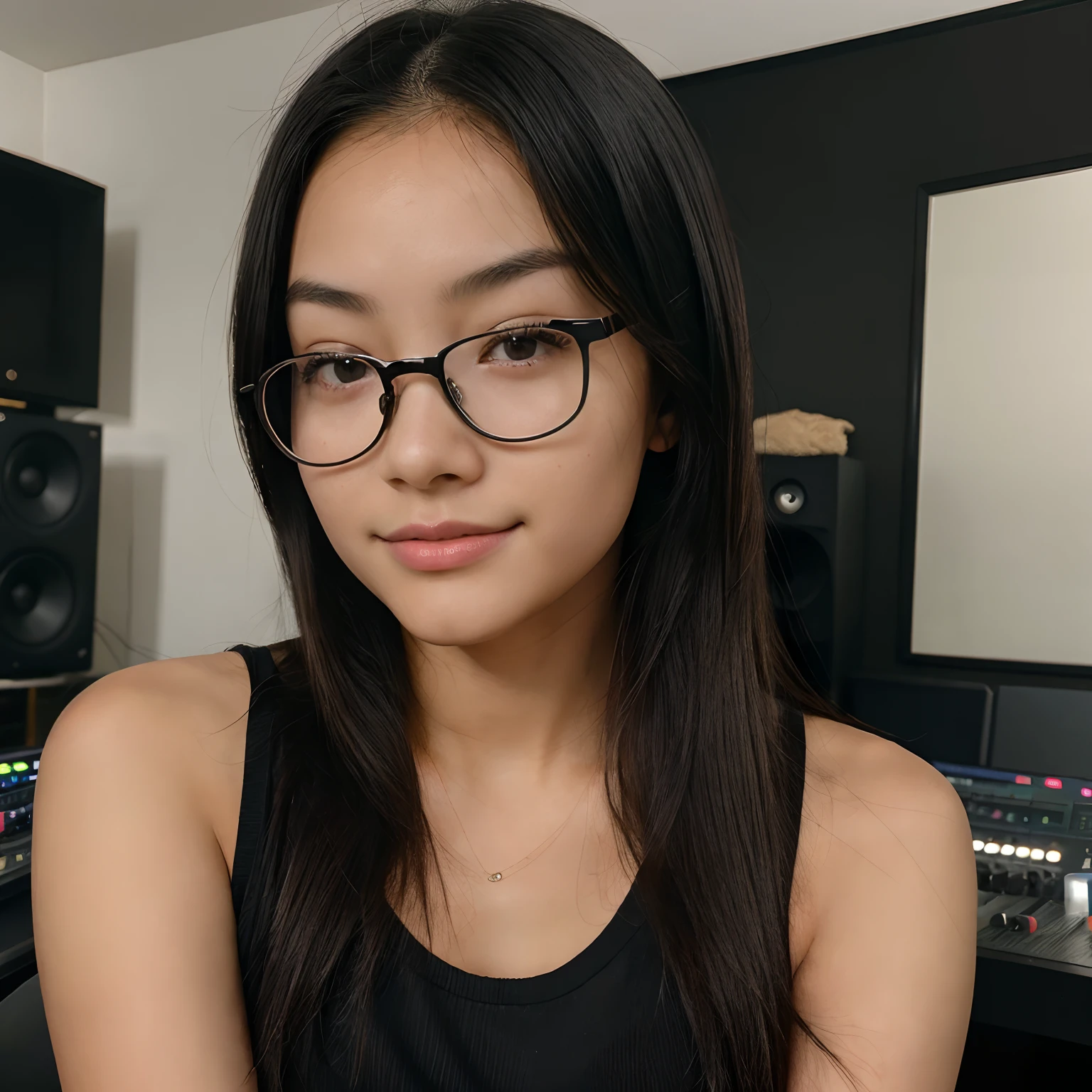 Very young female, half chinese, small slit-eyed, glasses, black hair, flawless white skin, long hair, photorealistic, best quality, hyper detailed, , beautiful woman, selfie photo, upper body, solo, in a music studio, without makeup, school (cheerful, happy), looking at viewer, skin texture, film grain, close up, ultra high res, best shadow, RAW, instagram LUT
