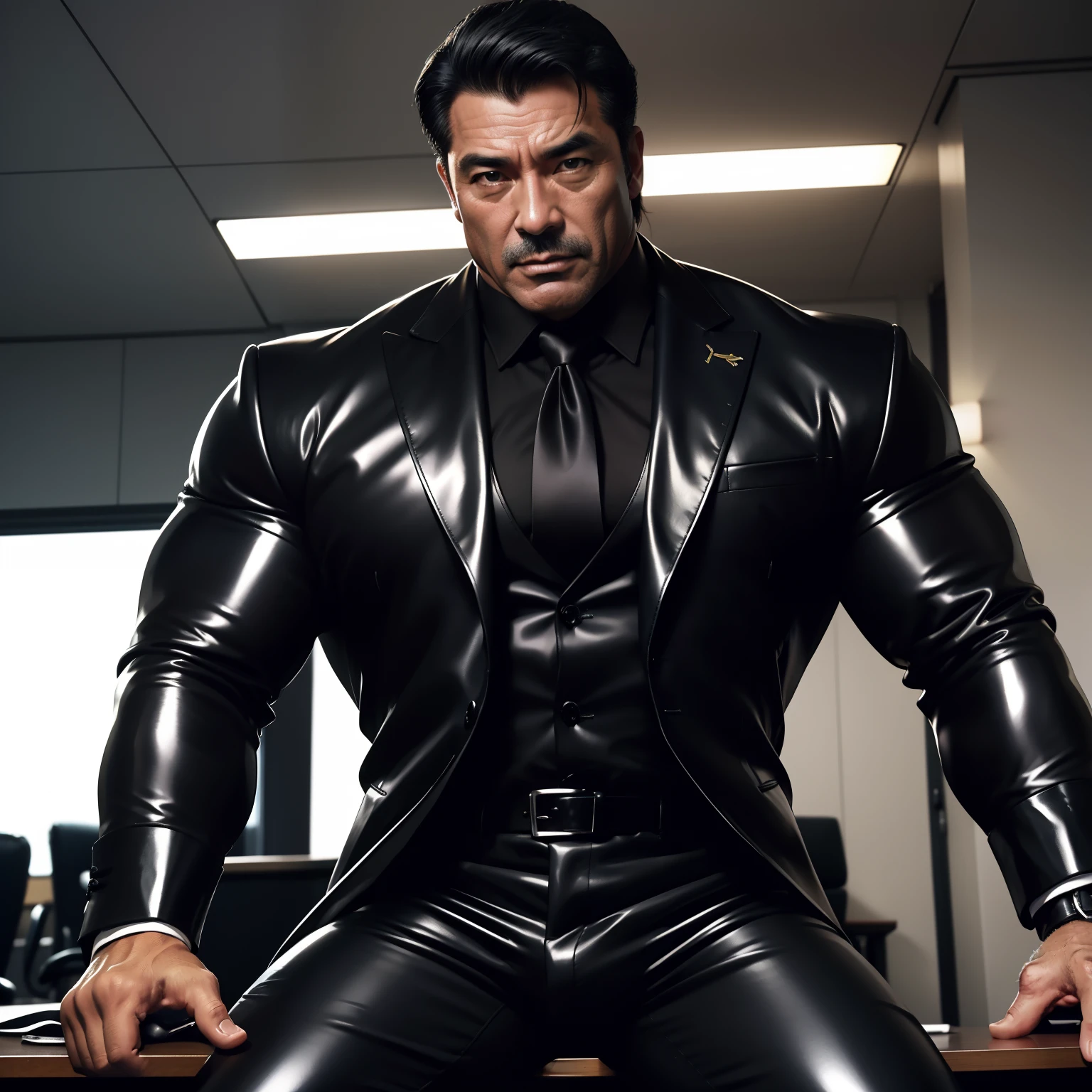 50 years old,daddy,shiny suit sit down,k hd,in the office,big muscle, gay ,black hair,asia face,masculine,strong man,the boss is,handsome,sex,leather gloves,lecherous dad,look straight ahead,Dad is erection,dad is handsome